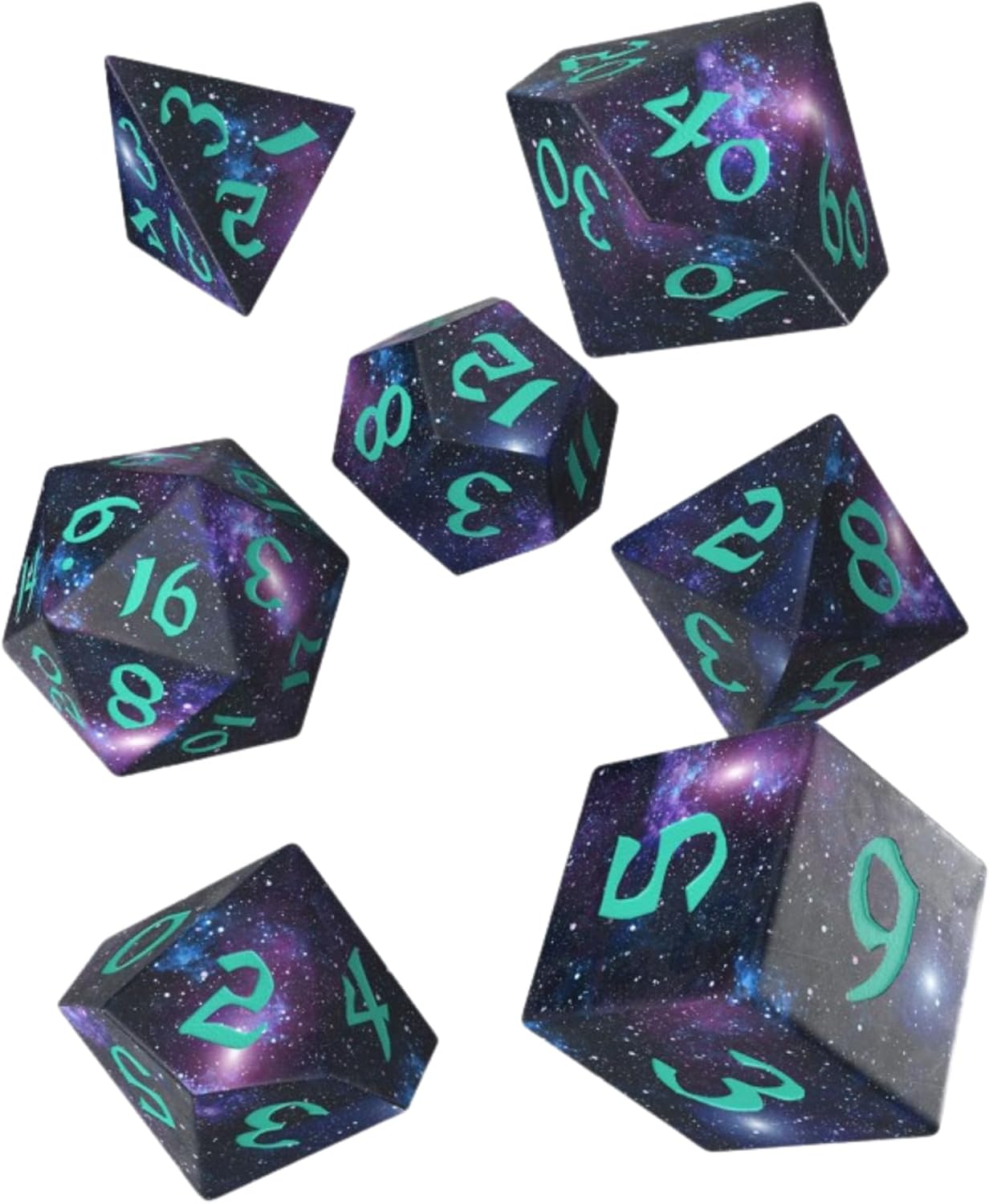 Full Art Dice Set Stardust by Q-Workshop | Premium 7-Piece Polyhedral RPG Dice with Seamless Cosmic Artwork | Runic Digits, Balanced Full-Color Dice for D&D | Tabletop Gaming & Collectors