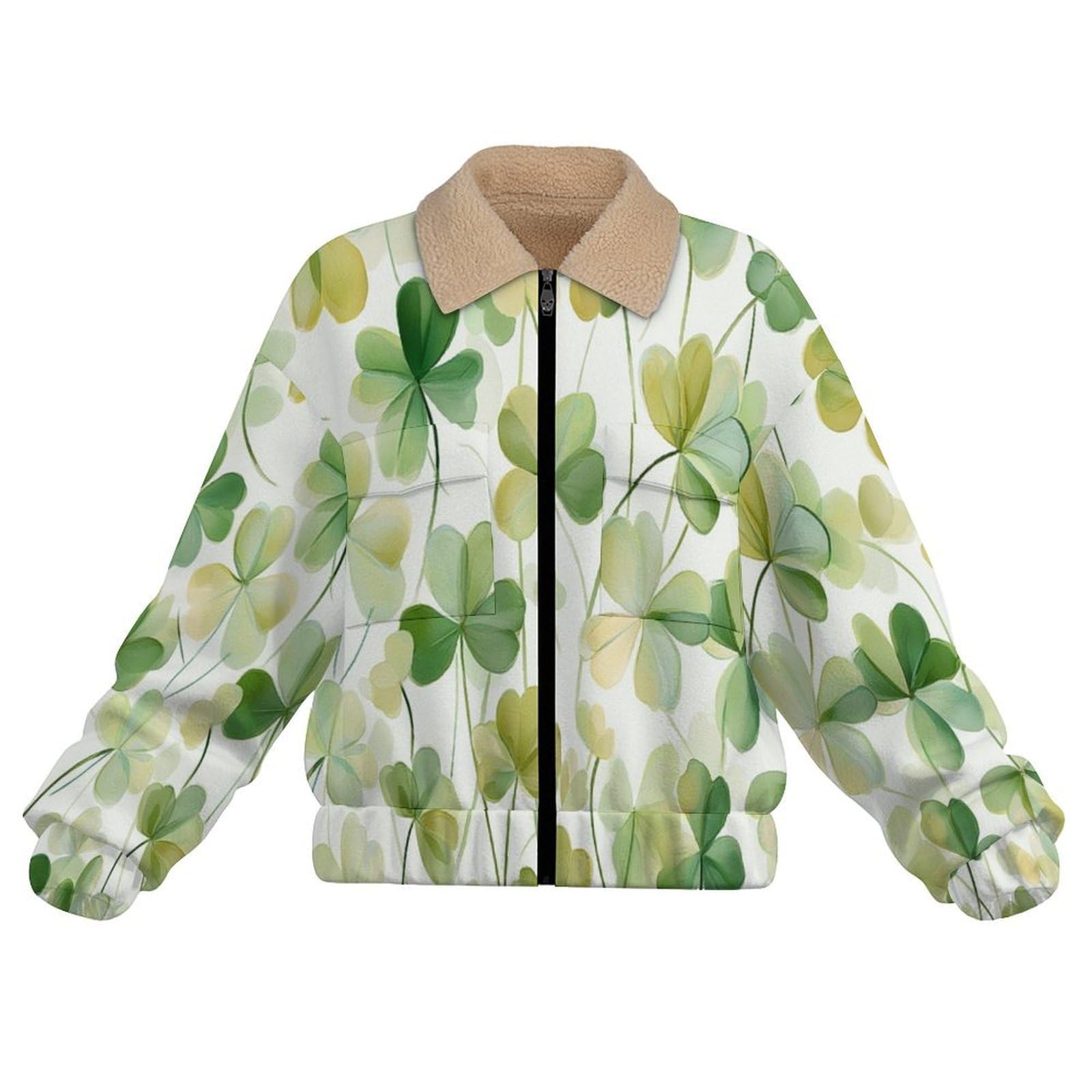Giacca da Donna Pile con Zip, Giacche Giacca Trifoglio Teddy Versione, Loose del pianta Cappotto a Maniche Lunghe Autunno e Inverno Caldo Cappotto