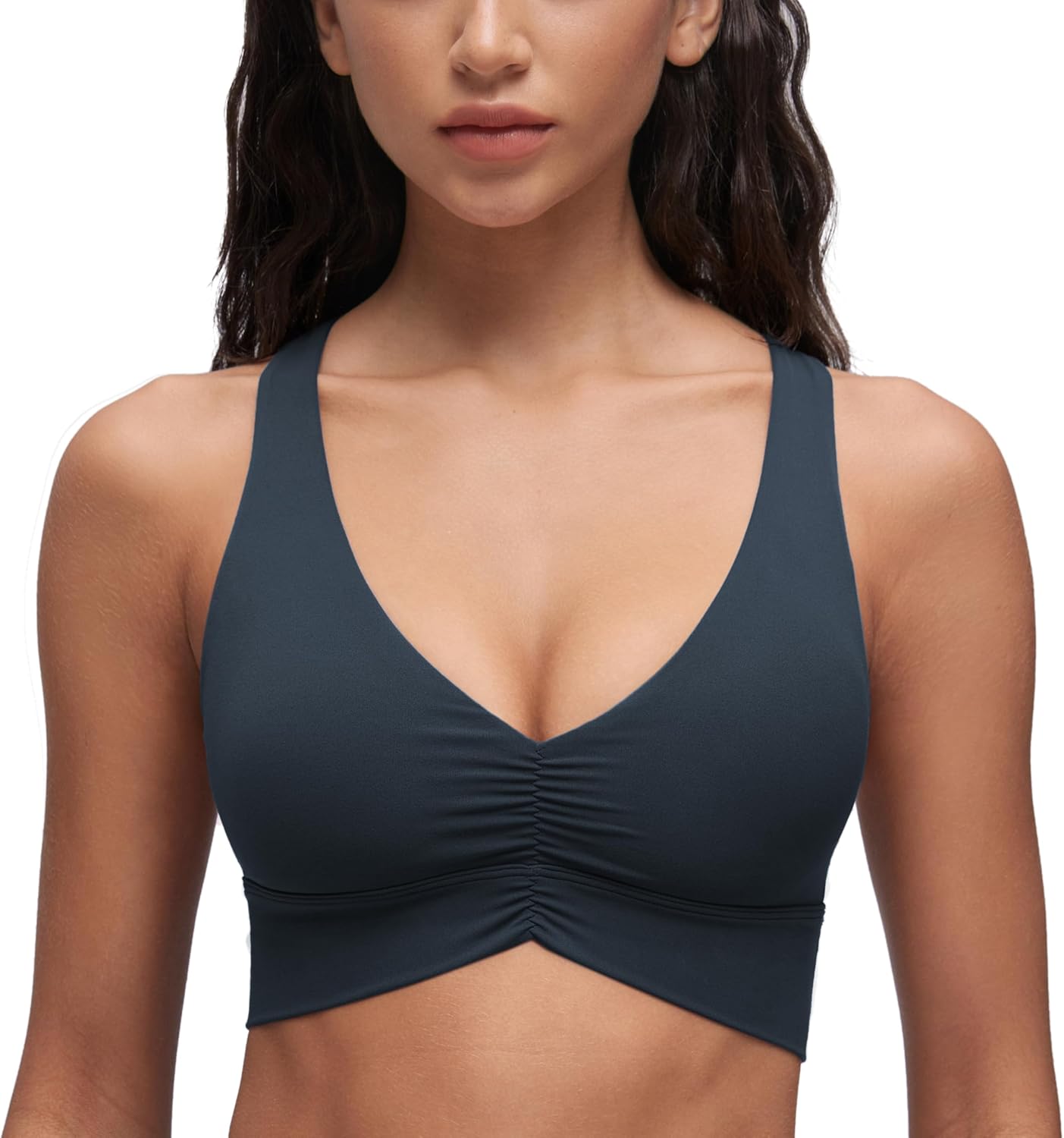 CRZ YOGA Butterluxe Womens Ruched Longline Sports Bras - V Neck Padded Yoga Tank Wide Straps Cross Back Crop Tops