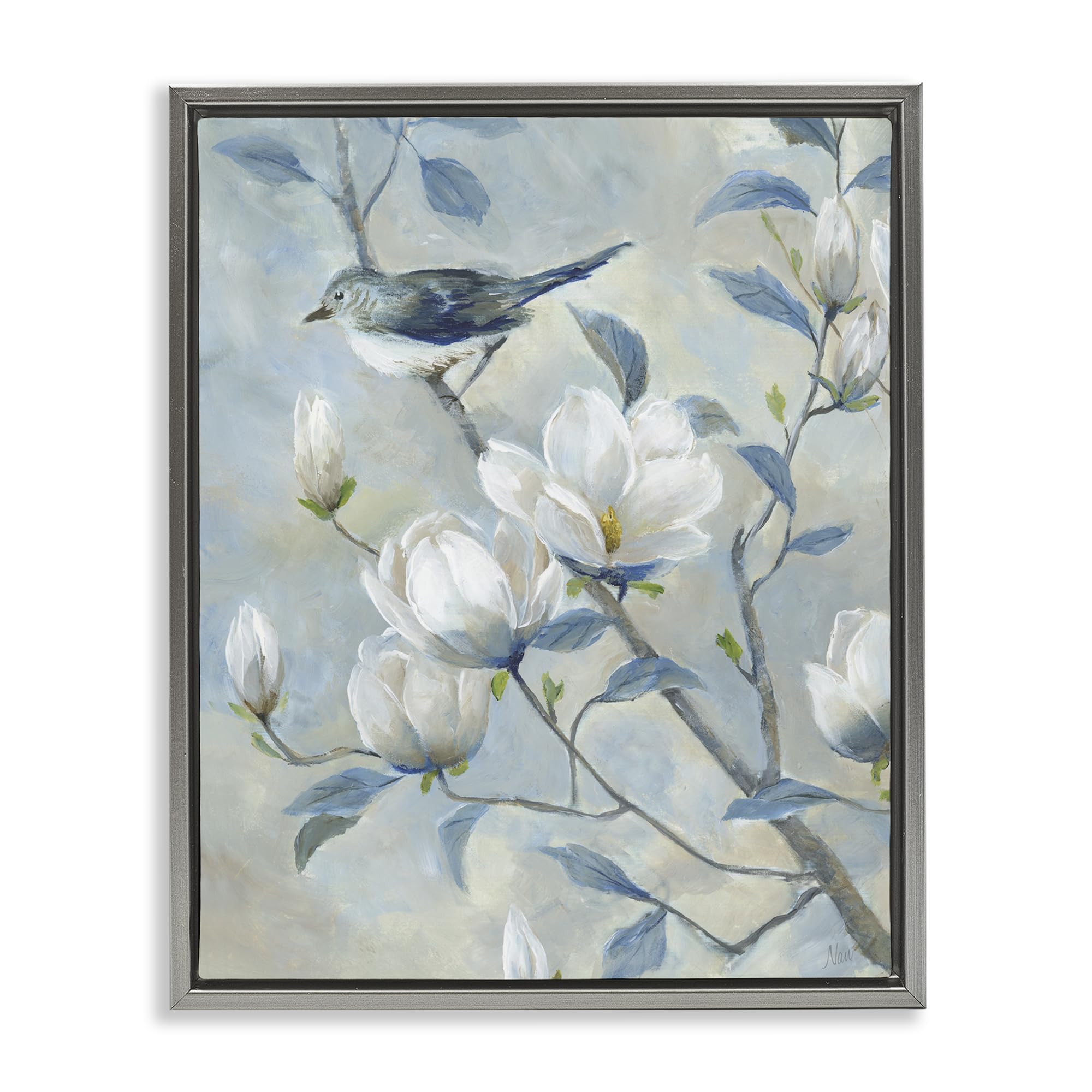 Stupell Industries Blue Bird Magnolia Blossoms 'Blue Bird In Magnolia Tree', Floating Frame Canvas Art, Gray, 25 X 31 Inches, Easy To Hang And Sturdy, Made In Usa, By Nan
