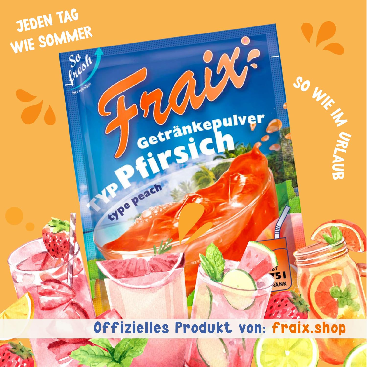 FRAIX Lot de 50 boissons en poudre pêche (50 x 100 g) - Poudre instantanée de fruits au goût pêche - Poudre de fruits parfaite pour les déplacements, les fêtes d'anniversaire