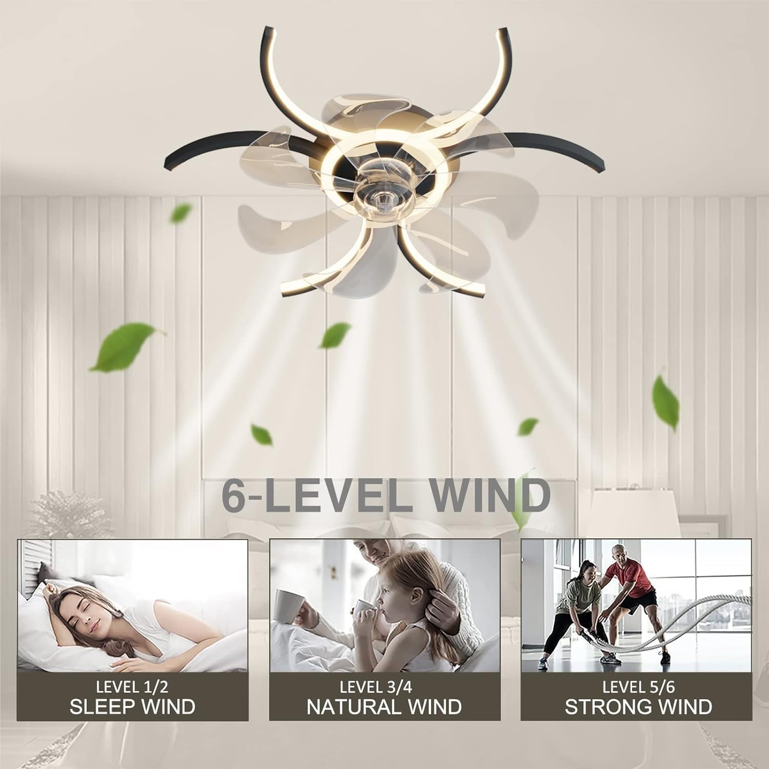 Nordic Creativity Black Led Ceiling Fan Light with Remote Control Interior Lighting Modern Large Bedroom Ceiling Lamp Fan Invisible Blade Dimmable 6-Speed Reversible Dc for Living Room/K