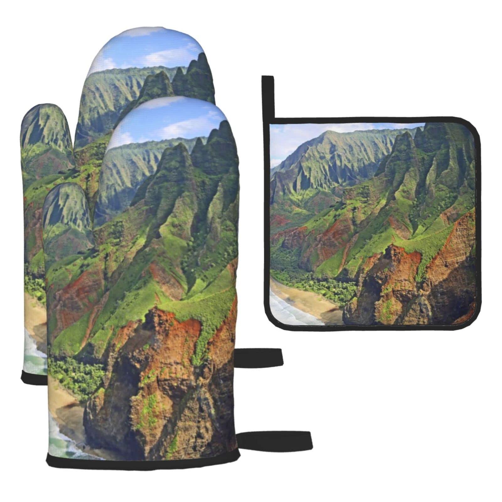 Kauai Hawaii Seashore Printed Kitchen Baking Three-Piece Heat-Resistant Thick Cotton Oven Gloves for Cooking and Baking.