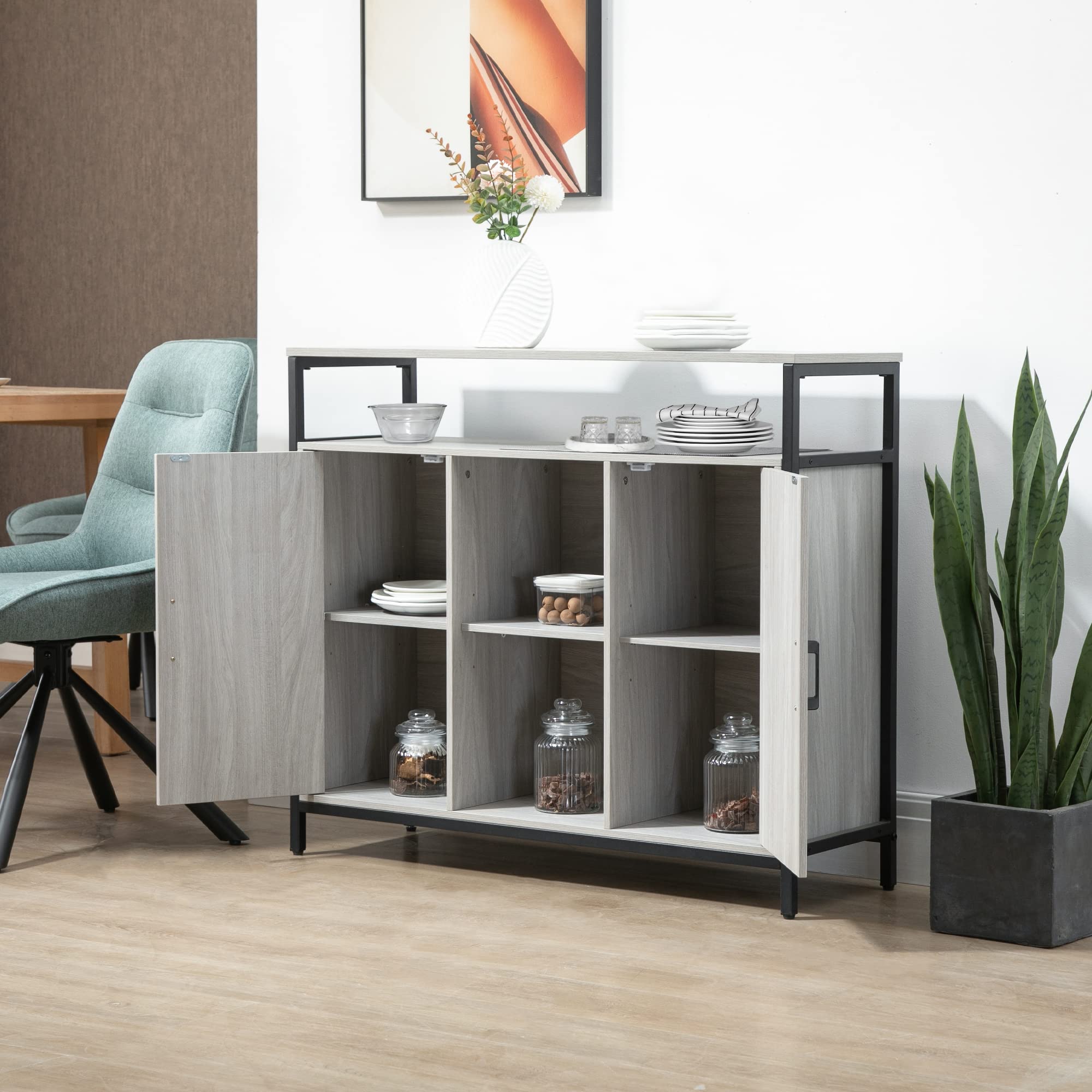 HOMCOM Credenza Moderna in Legno Mobile Cucina 100x34x87.2cm Grigio Chiaro | 2 Armadietti e Ripiani, per Ingresso
