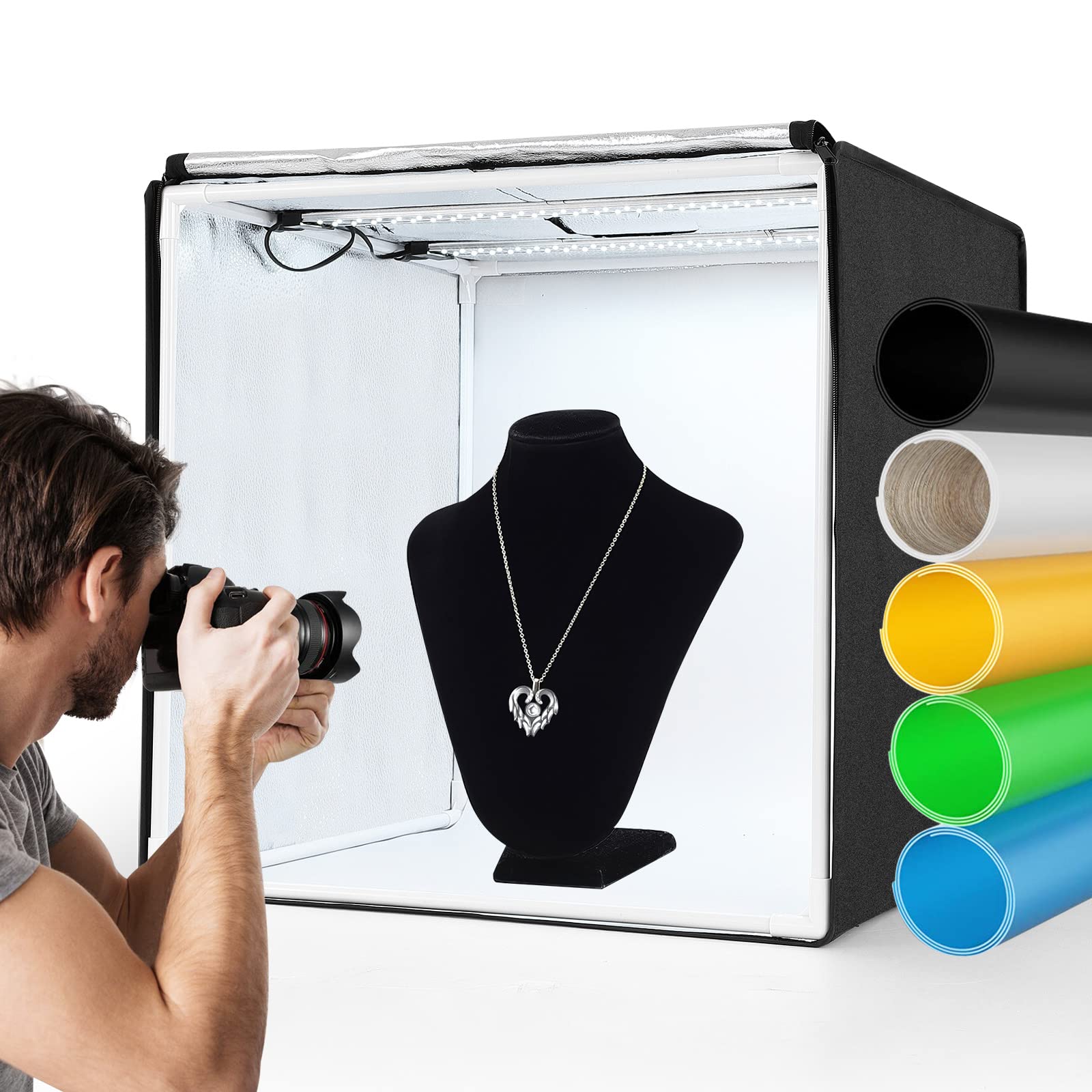 ZKEEZM Light Box Photography 20"x20" with 100 LED Lights and 5 Colors Backdrops Photo Box with Lights Foldable Light Box with Adjustable 6000-6500K Brightness, Dimmable Picture Box Shooting