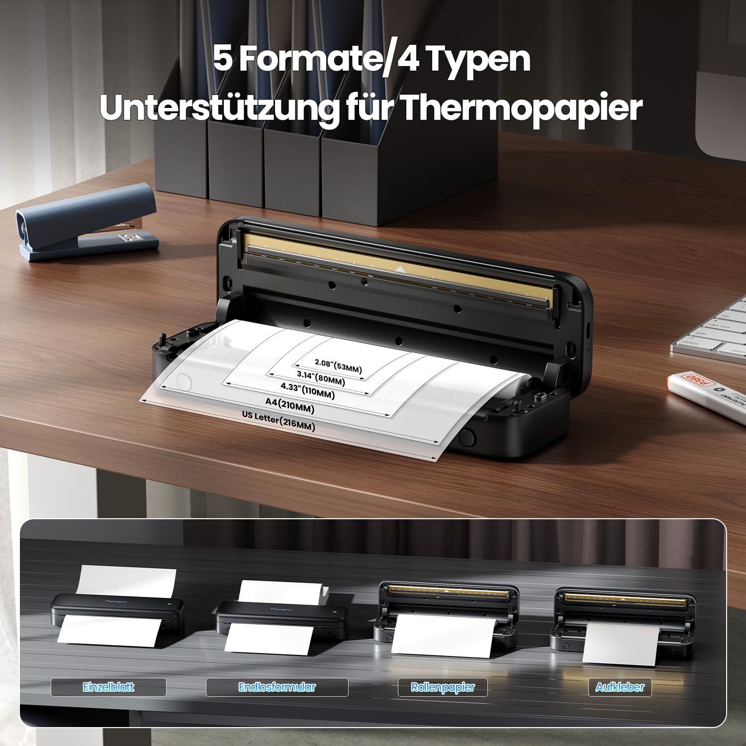 Phomemo M834 Thermodrucker A4, Mobiler Drucker A4 für Unterwegs, Büro, Schule, Zuhause, Kompatibel mit Smartphones und Computern, Tragbarer Drucker mit Tragetasche und 4 Rollen Thermopapier, Schwarz