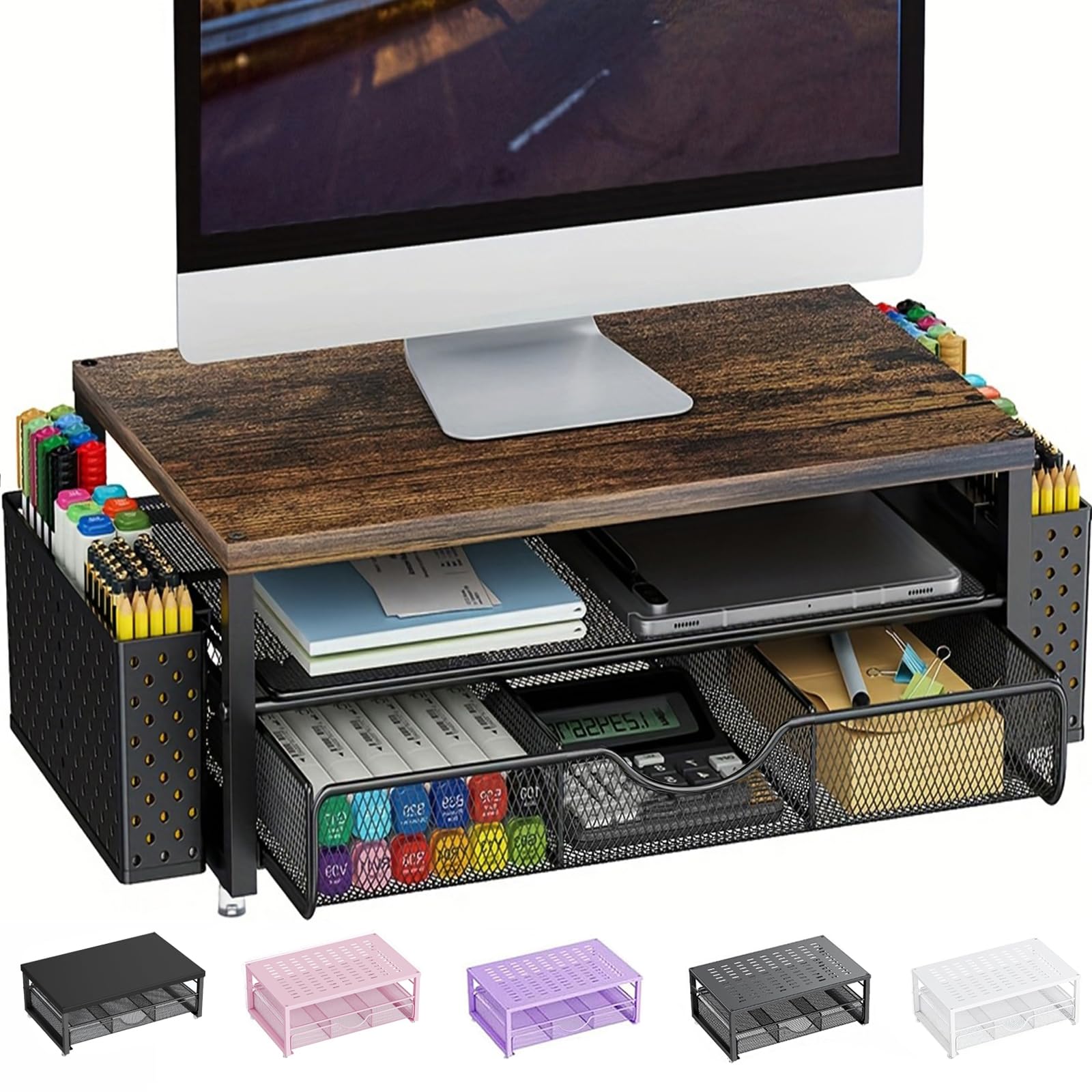 Pygocereri Monitorständer, Schreibtisch Organizer mit Schublade und 2 Stifthaltern, Monitor Erhöhung für Bildschirm und Laptop, ergonomischer Desktop Ständer für Büro Zubehör