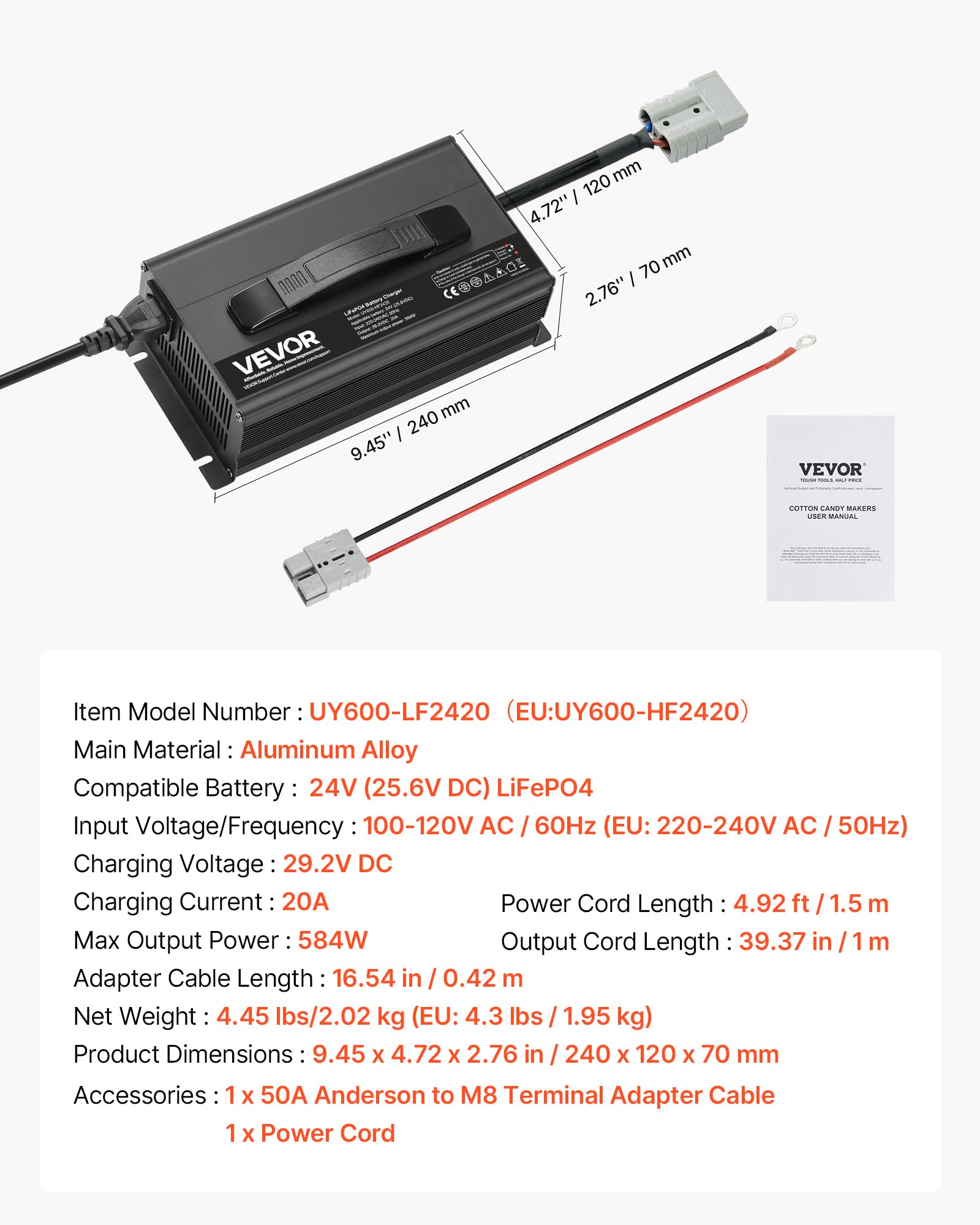 VEVOR Caricabatterie per Batterie al Litio 24V 20A, 29,2V, AC-DC LiFePO4 con Connettore Anderson, Indicatore LED, Attivazione 0 per Batterie Ricaricabili al Litio LiFePO4 per Barche Camper