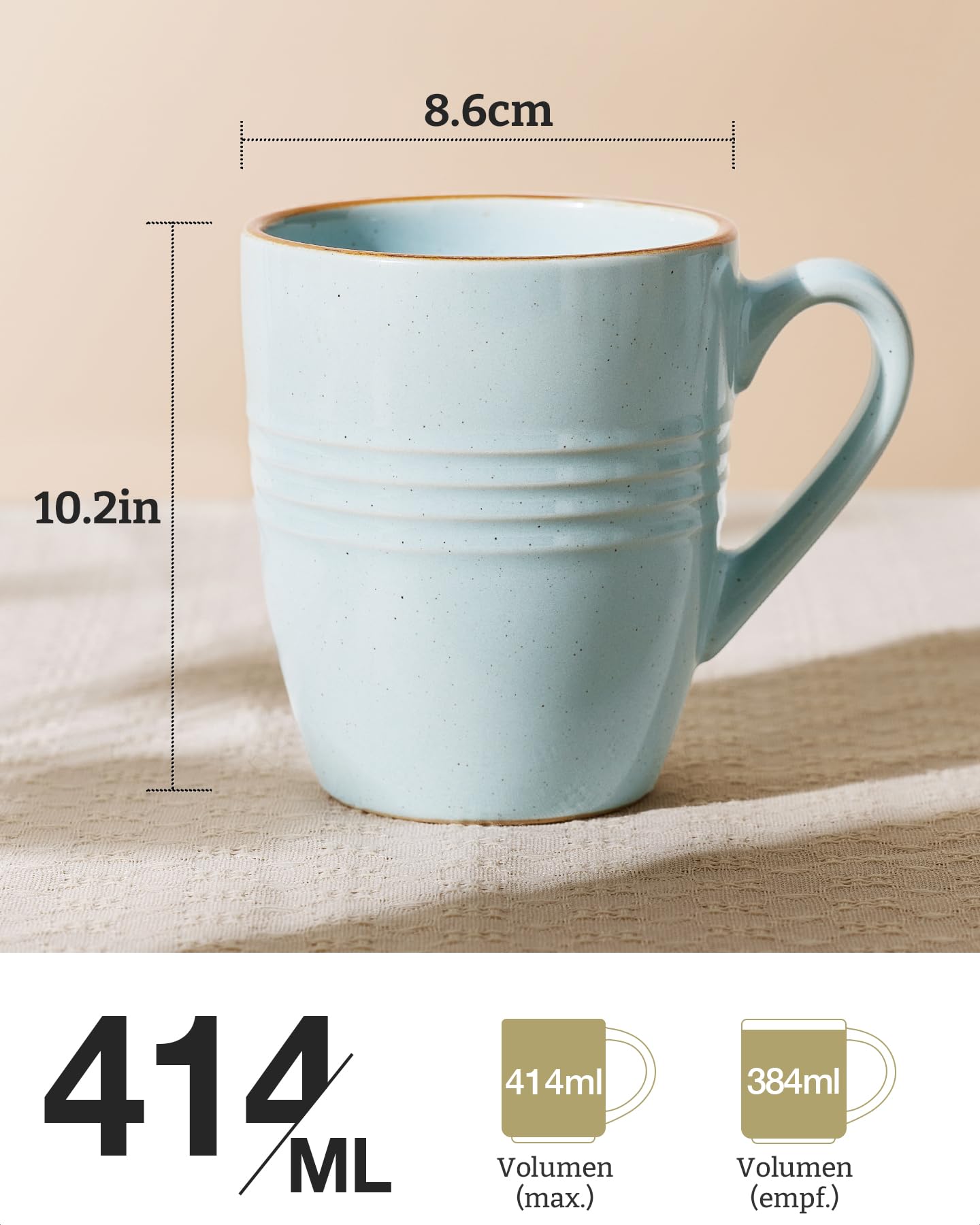 Richmount Jupiter Kaffeetassen-Set, 6-teilig, 385 ml Kaffeetassen, mikrowellen- und spülmaschinengeeignet, Tassen mit Henkel für Kaffee, Tee, Kakao, Milch, Hellblau