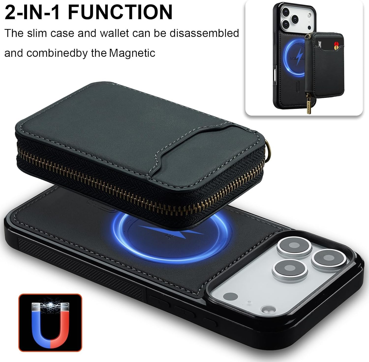 Magnetic Leather Wallet Case for iPhone 17/17 Air/17 Pro/17 Pro Max, Detachable Zipper Pocket Cover with Drop Protection(Brown,17 Pro Max)