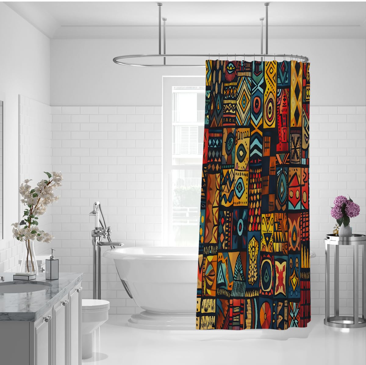 Aztec Geometric Duschvorhang wasserdichte Polyester-Badevorhänge Vintage-Ethnic Totem-Muster Design Maschinenwaschbarer, schnell trocknender Stoff 150 x 200 cm