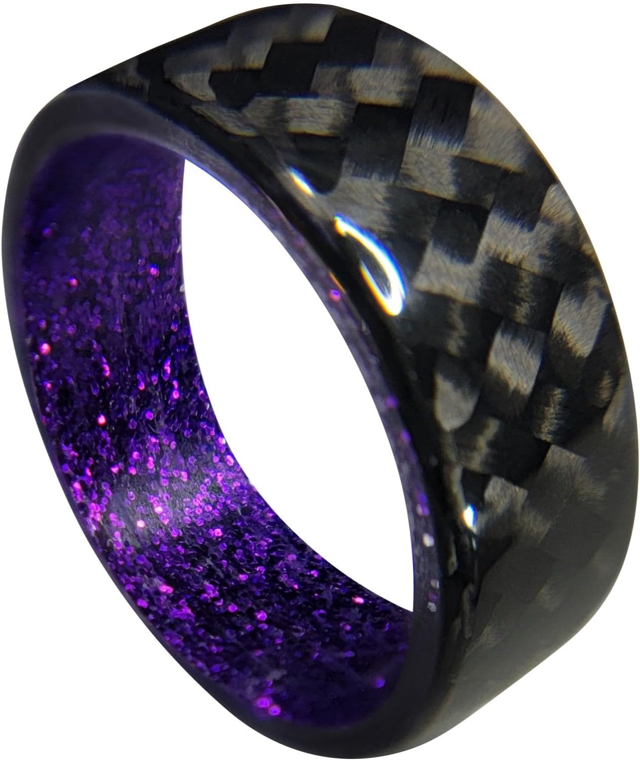Carbon Fiber Twill Ring with Purple Sparkle Interior, High Gloss Finish, Durable, Waterproof, Sizes 4-16, Custom Band Widths