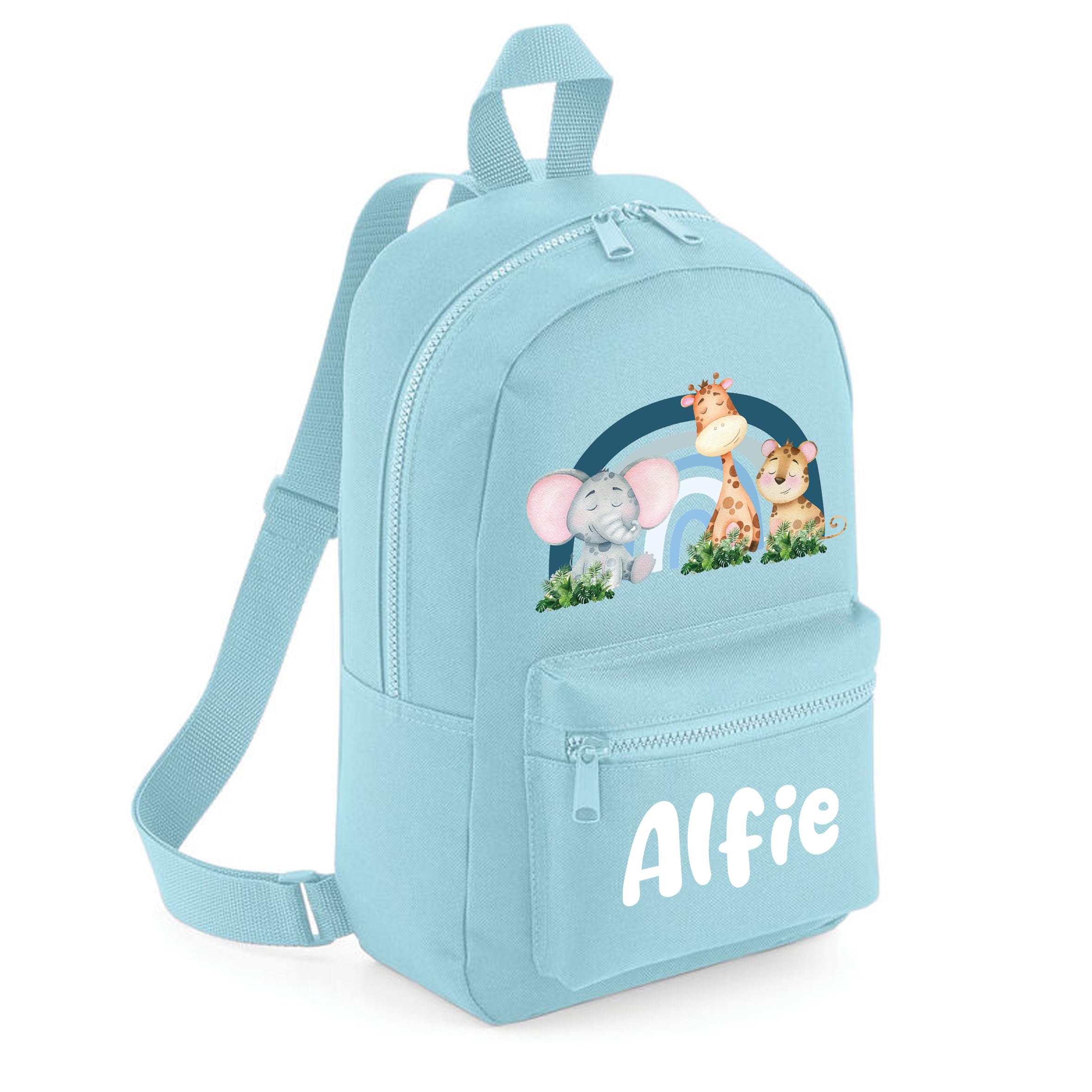 The Baby Box UK Personalised Boys Backpack Toddler Safari Dinosaur Back Pack Childrens Rucksack (Light Blue)