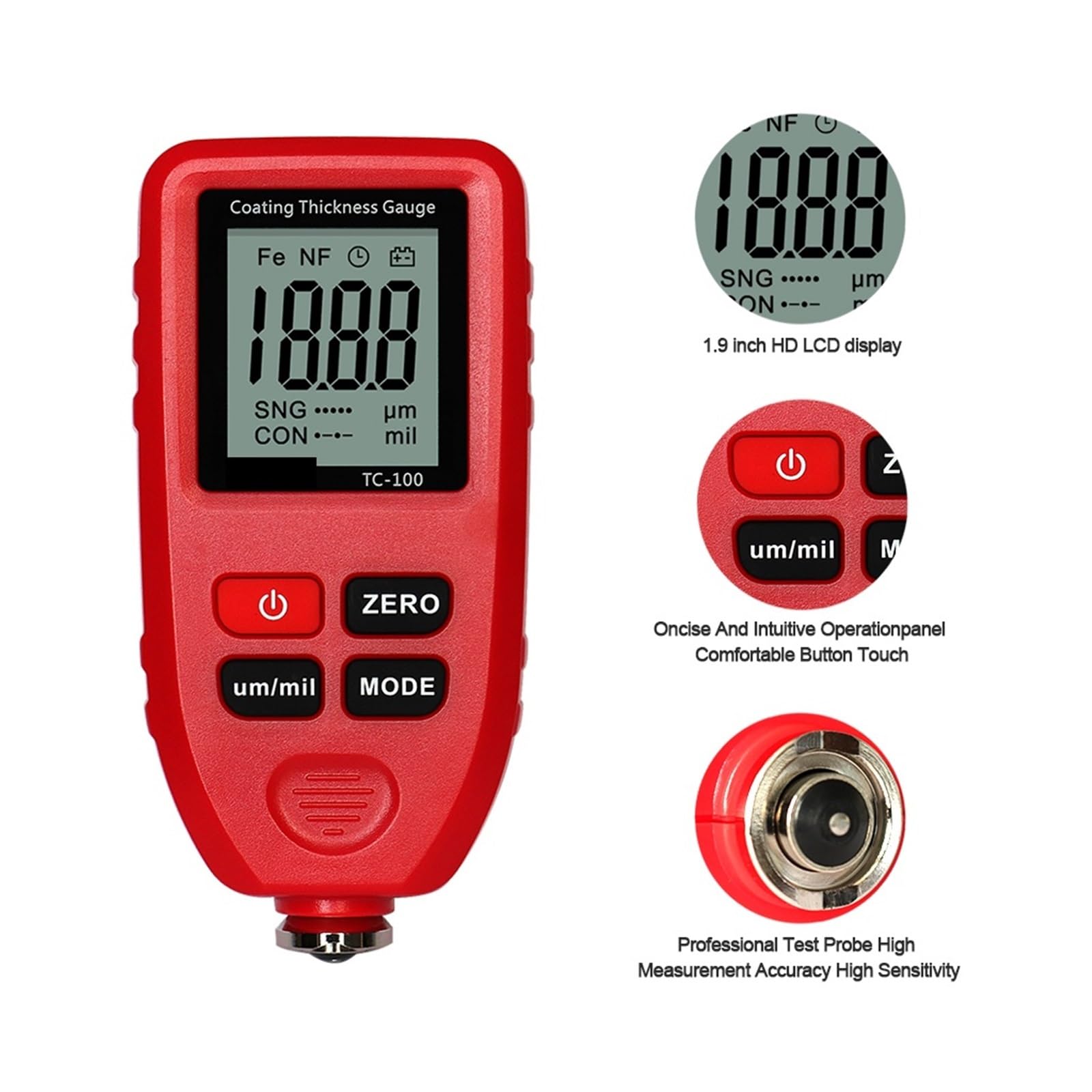 TC100 Misuratore di spessore del rivestimento Tester film vernice for auto Strumento misurazione della 0,1 micron 1300um, Sensore accurato