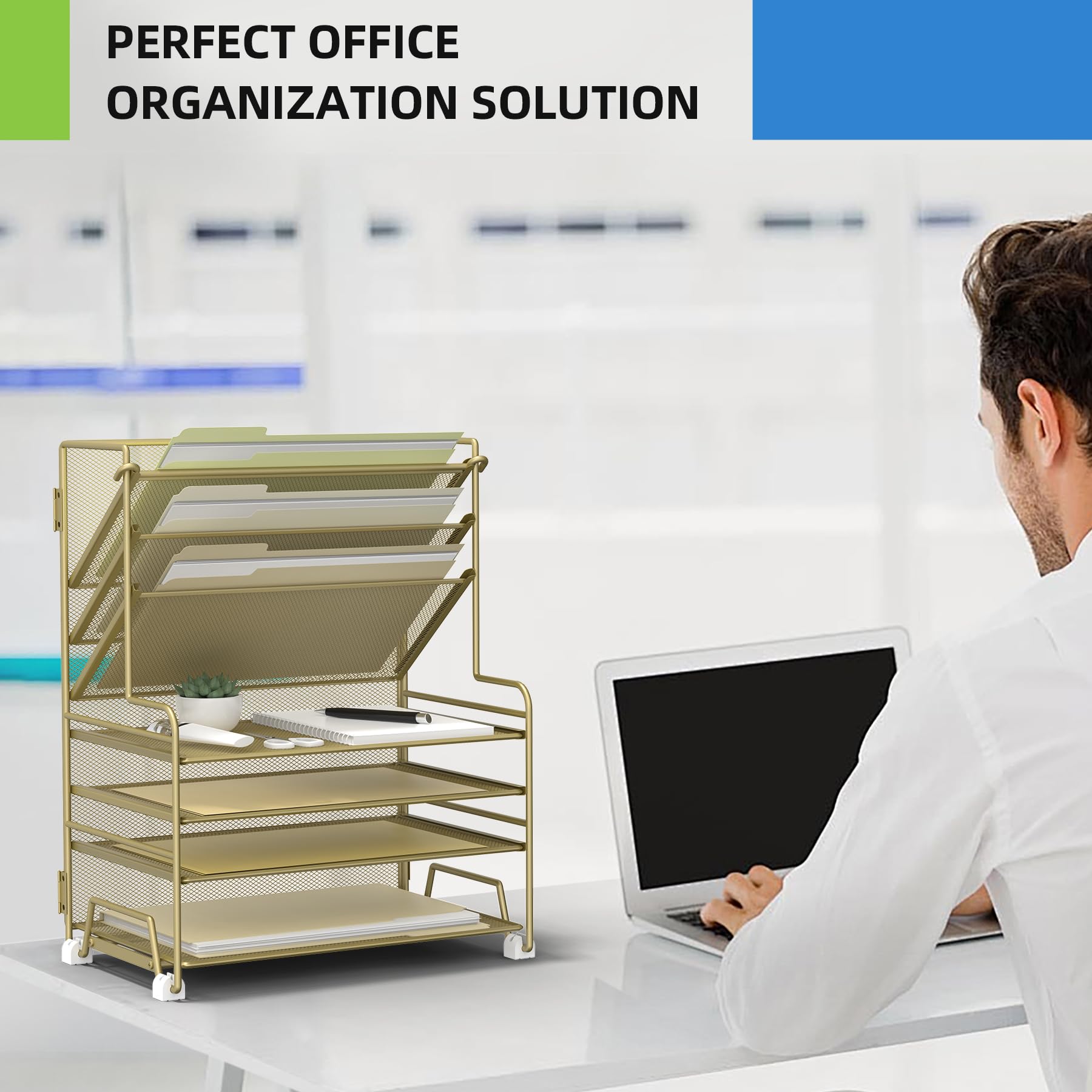 MINDEPOT Organizer per carta a 4 livelli + 3 tasche portadocumenti + cassetto + portapenne, organizer per documenti da scrivania per forniture per ufficio, scuola, organizzazione in classe (oro, con