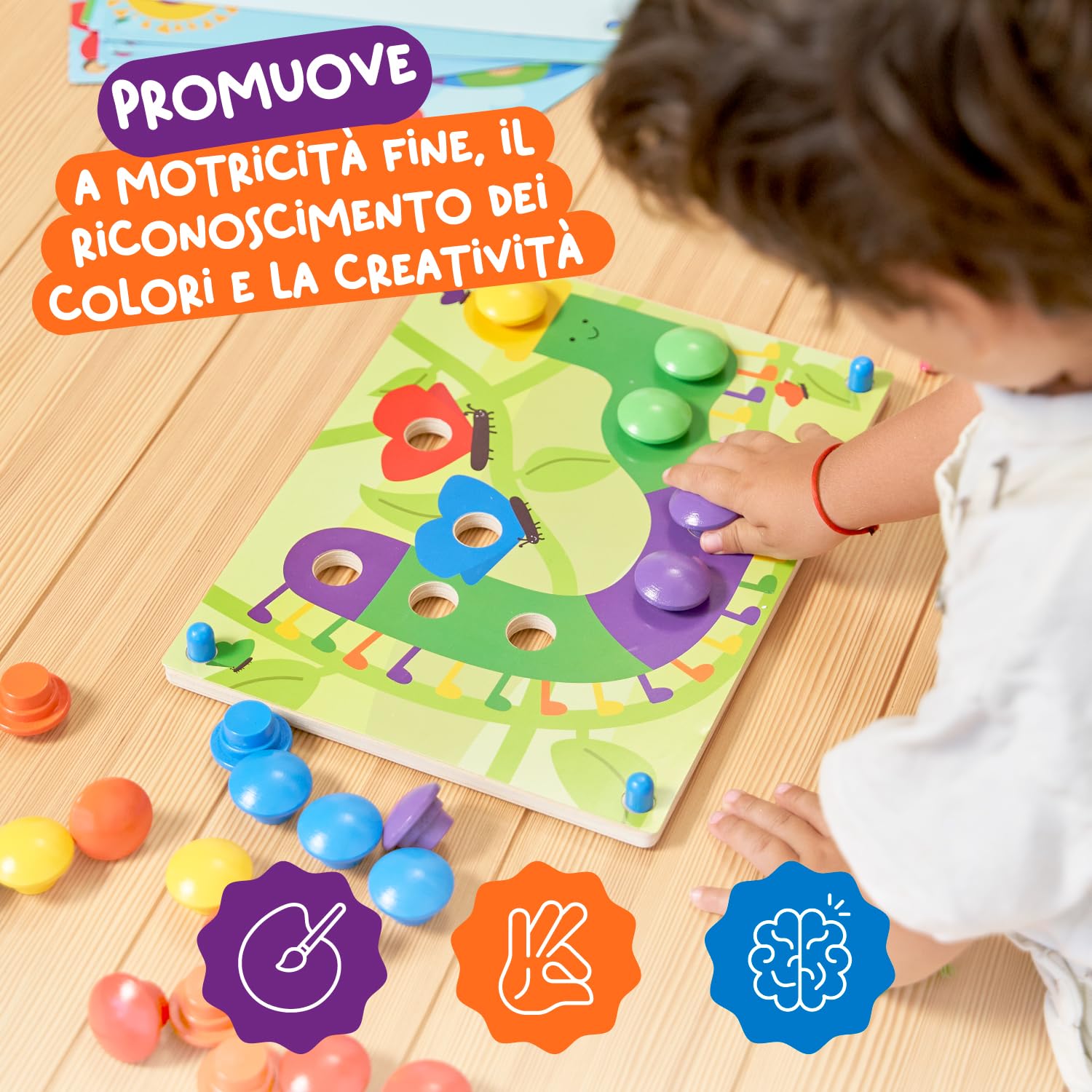 Nene Toys Gioco Chiodini, Puzzle per Bambini di 2+ Anni, Puzzle Educativo in Legno per Bambini di 2 3 Anni - Giocattoli Montessori con Chiodini Colorati e Carte Abbinate - Regalo Didattico Bimbo Bimba
