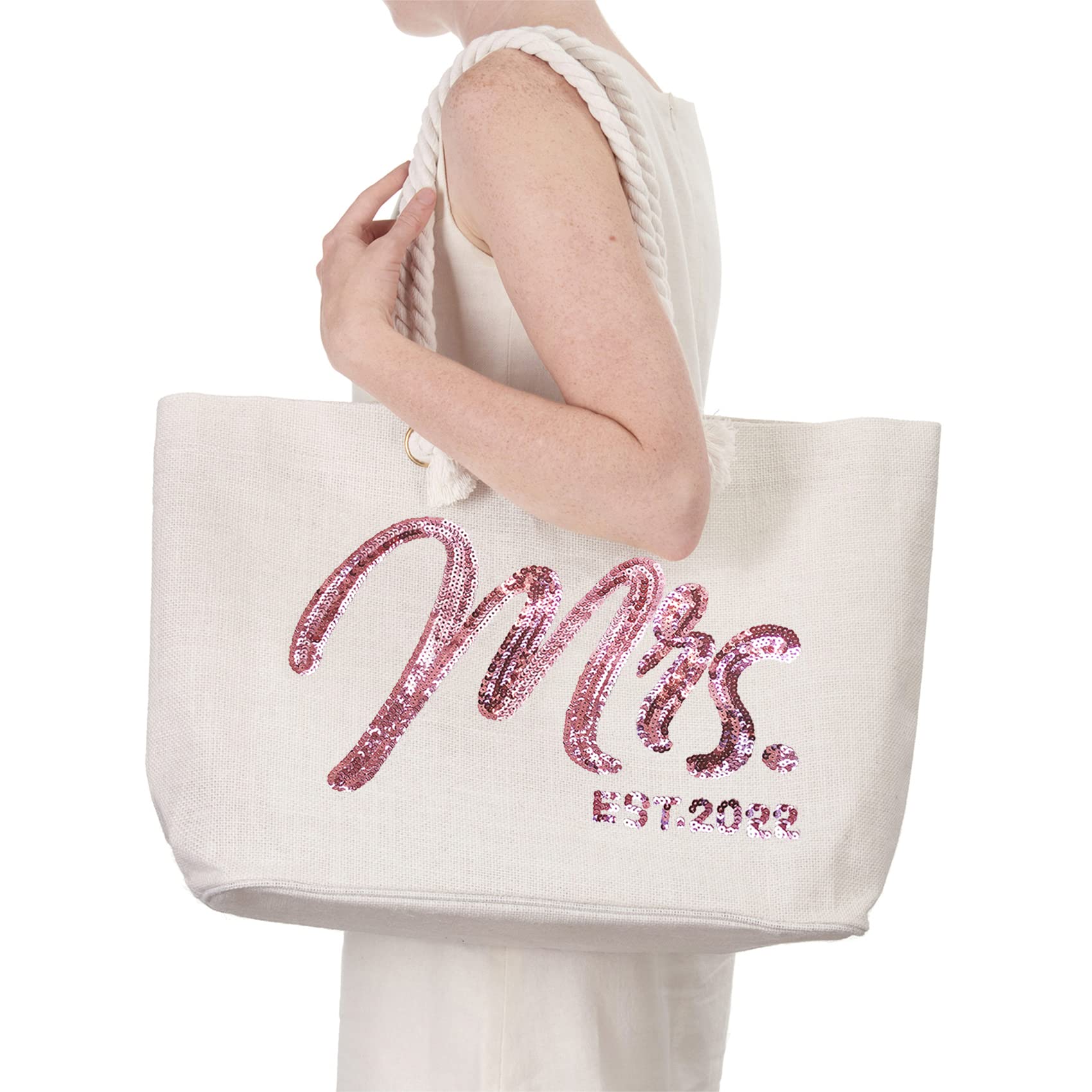 ElegantPark Future Mrs. EST. 2022 Large Bride Tote Bag Personalized Wedding Bachelorette Bridal Shower Gifts Shoulder Bag Rose Gold Sequin with Interior Pocket Jute