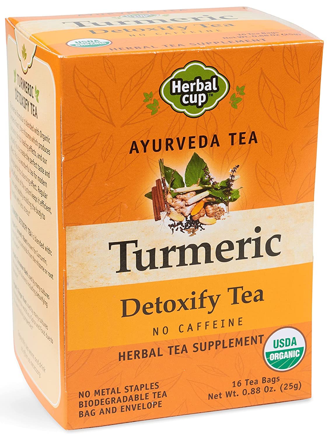 Herbal Cup Ayurveda Turmeric Tea, Organic Detoxify, No Caffeine Herbal Teas (Turmeric Detoxify, 16 Count (Pack of 1))