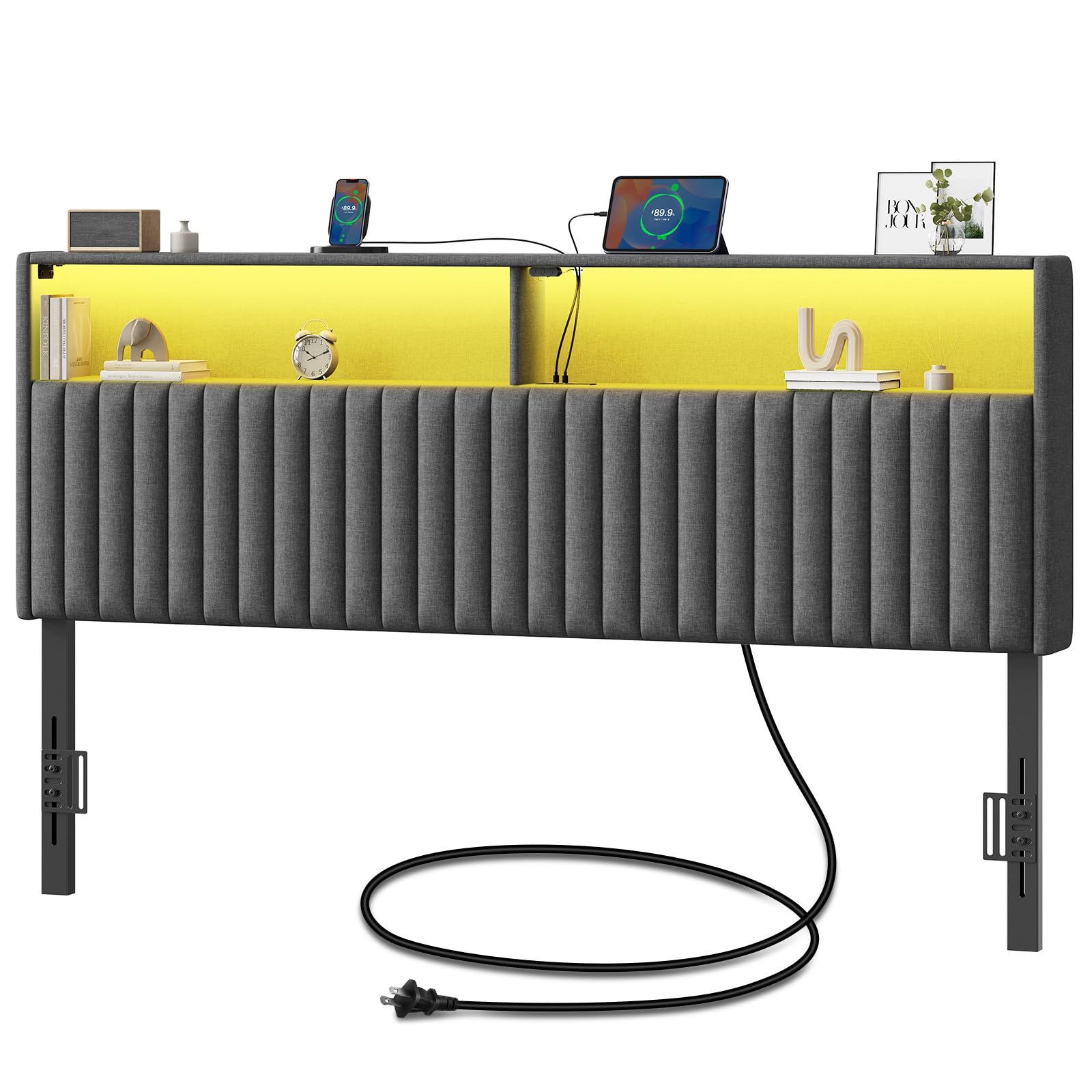 Rolanstar Headboard for King Size Bed with Storage, Head Board with USB & Type C Port, 60,000 DIY Color of LED Light, Velvet Upholstered, Height