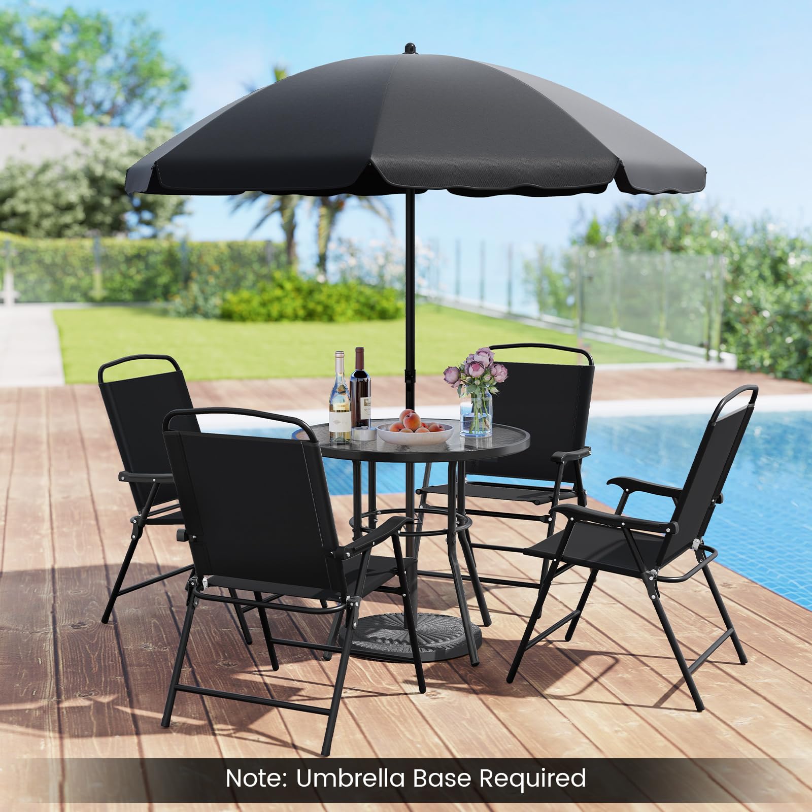 KOMFOTTEU Ensemble de Salon de Jardin 6 Pièces pour 4 Personnes, Set de Meubles de Jardin, avec 4 Fauteuils, 1 Parasol et 1 Table Ronde, Mobilier d’Extérieur, pour Cour, Patio, Noir