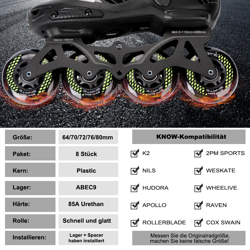 Inline Skate Rollen 80mm 76mm 72mm - 8 Stück Räder 85a Mit Kugellager ABEC9 | Für K2 Hudora Gonex Apollo (B Schwarz/80MM)