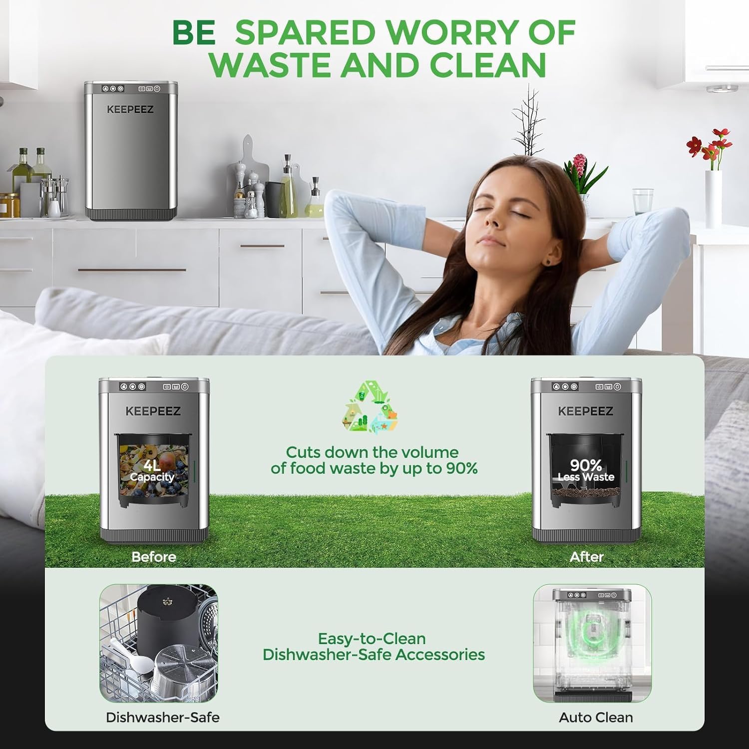 Image showing the composter before and after waste reduction, and highlighting dishwasher-safe accessories and auto-clean function.