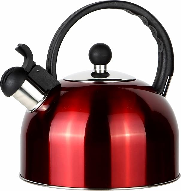 ROSSETTO Camping Whistling Kettle 2.5L Stainless Steel Stovetop Kettle for Gas Stove or Induction Hob Boil Teapot Coffeepot for Indoor & Outdoor, red
