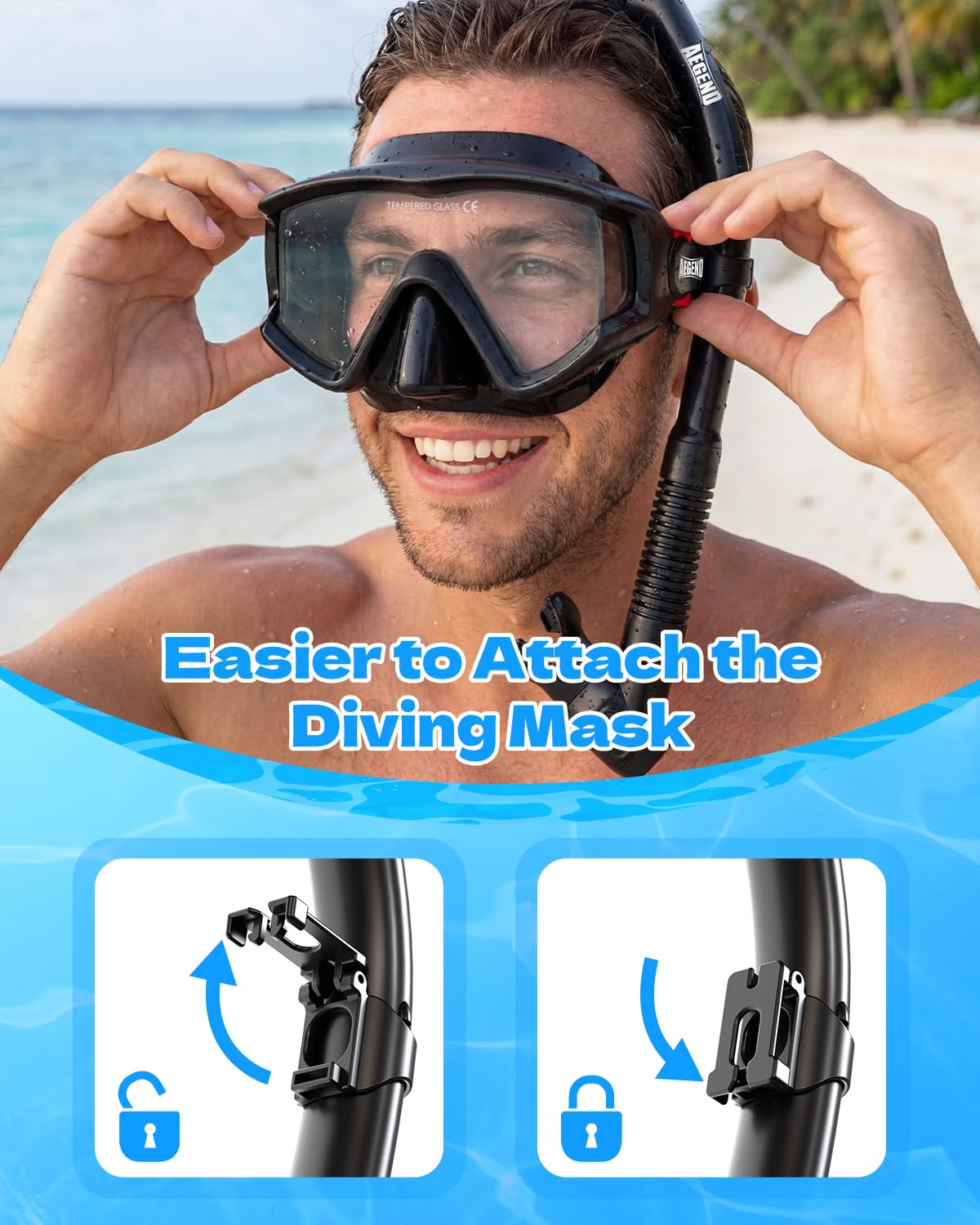 Aegend Equipo de esnórquel para adultos, hombres y mujeres: máscara de buceo con juego de esnórquel seco, visión panorámica antivaho con bolsa de malla para esnórquel, natación y buceo