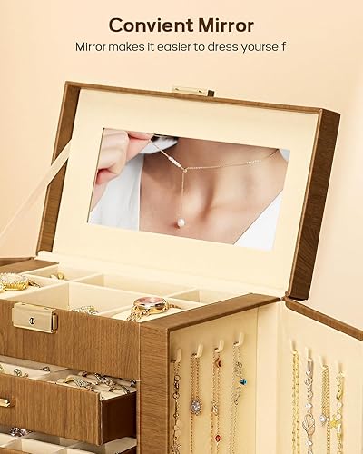 Miniatura 16 de Homde Regalos de Navidad de cuero sintético, enorme joyero, organizador de reloj con espejo, collar, anillo y aretes, estuche de regalo con Dorado