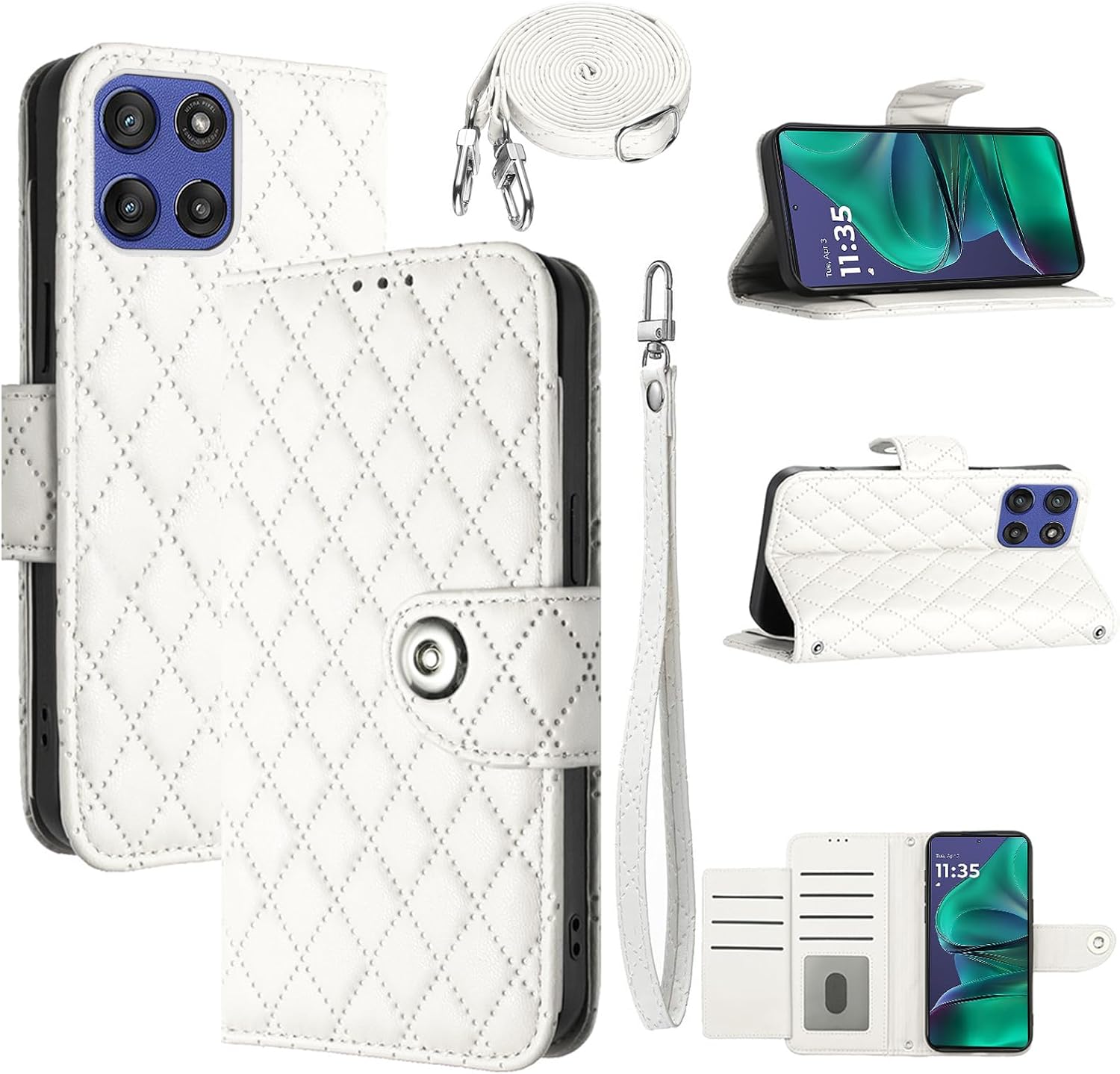 Wallet Case for Motorola Moto G Stylus 5G 2025 with Wrist Shoulder Strap, Argyle Pattern PU Leather Flip Card Holder Cell Phone Cover for G5 Girls Women White