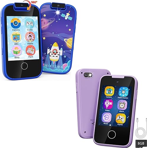 Purple Kids Smart Phone Toys - Juguetes de doble cámara y teléfono azul con cámara giratoria de 180, juguetes de teléfono para niños con juegos de