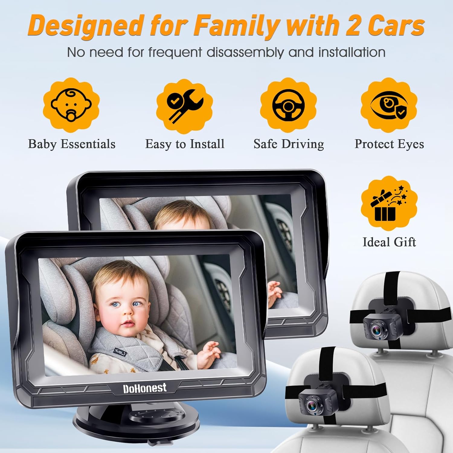 Baby Car Camera 2-Pack for Seat: Adjustable Infant Car Camera Easy Setup for Family with 2 Cars - HD 1080P Crystal Night Vision Backseat Camera for Two Kids