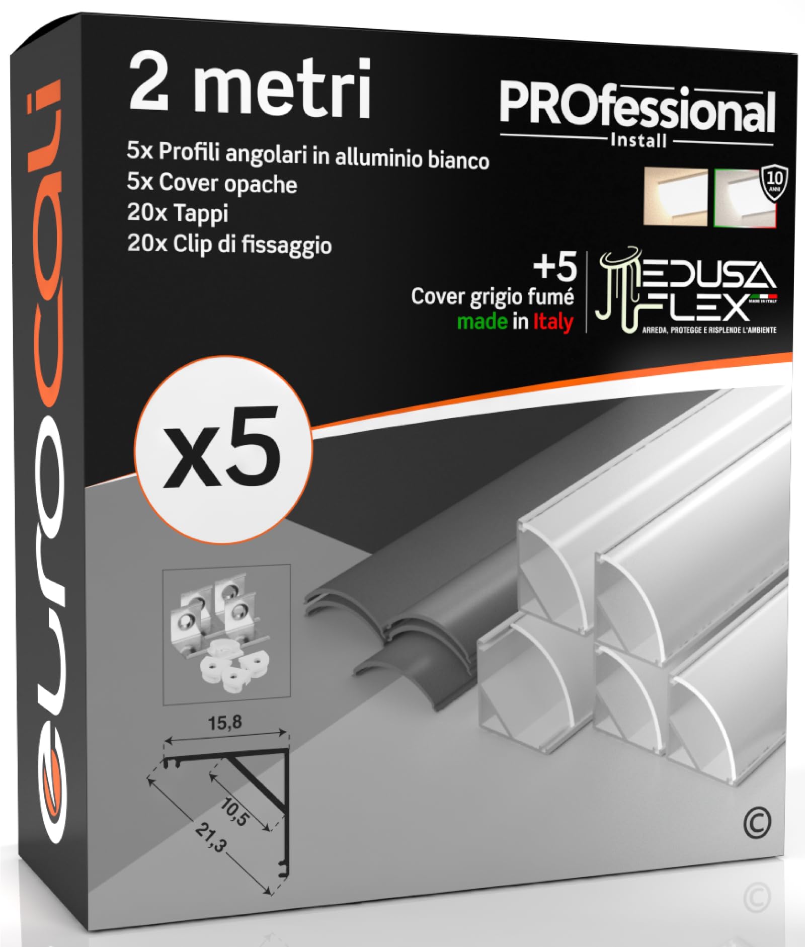 Profilo Alluminio Angolare per Strisce LED Bianco con copertura Professionale Grigia Made in Italy MedusaFlex in Policarbonato - Pacco da 5 (10m) 2000 x 15.8 x 15.8mm - Cover standard opaca inclusa
