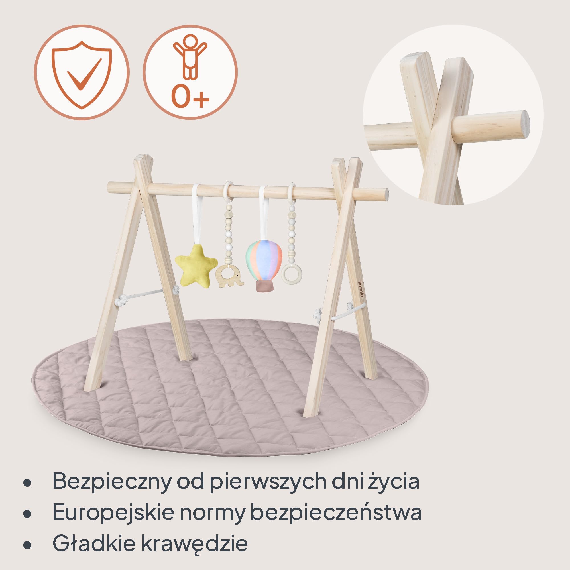 Lionelo Anis Set Mata Edukacyjna z Drewnianym Pałąkiem Miękka Bawełna dla Delikatnej Skóry, Antypoślizgowa 2 cm do Brzuszka i Raczkowania, 4 Zabawki Sensoryczne, Składana, na Prezent, 0+, 101 cm