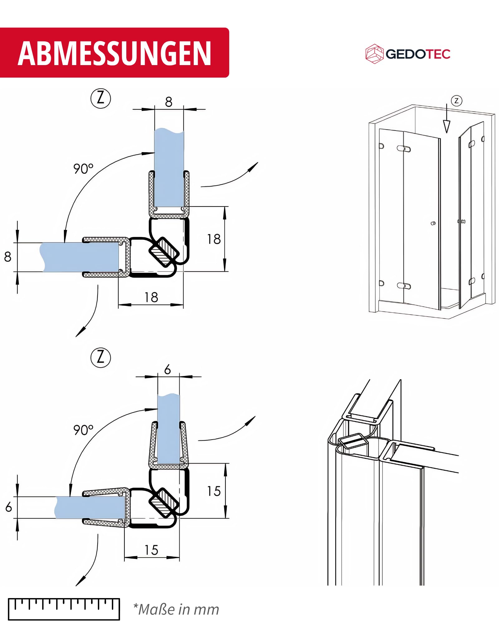Gedotec Joint a levre magnetique pour douche 90° - 1 paire Longueur 2 m - verre 6-8 mm - PVC transparent - Cabines de douche, paroi