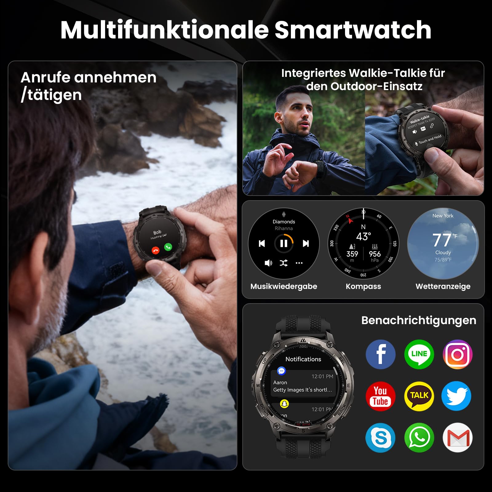 KOSPET Tank T4 Special Edition Smartwatch Herren, Dualband-GPS, 2 Armbänder | Karten offline, Edelstahl, 1,43" AMOLED Robuste Militär Watch, 10ATM, 180+ Sportmodi, Herzfrequenzmonitor für Android iOS