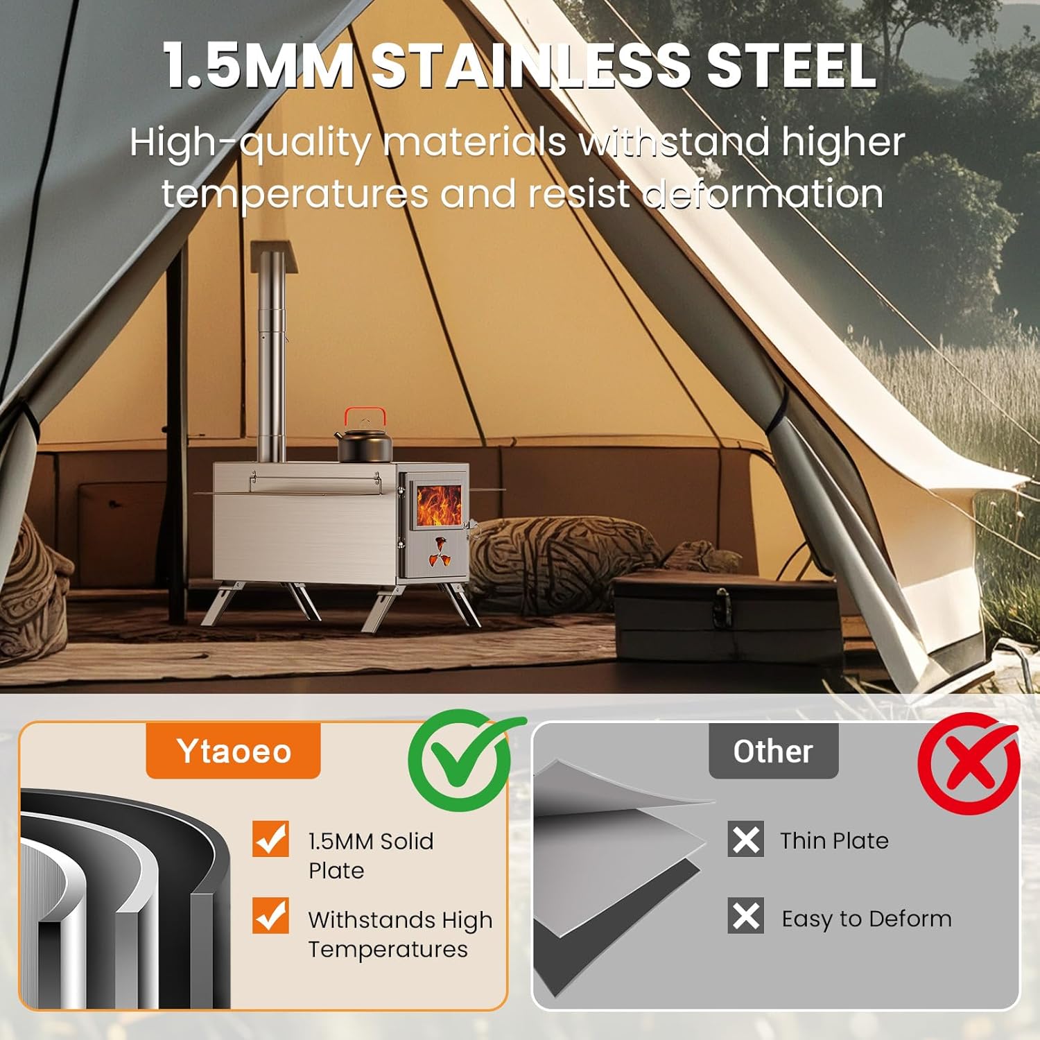 Upgraded Wood Stove, Hot Tent Stove Camping Portable Stainless Steel Wood Burning Stove with 7 Chimney Pipes for Wall Tent Camping, Hunting, Heating, Cooking, Ice Fishing, Boiling Water - Medium