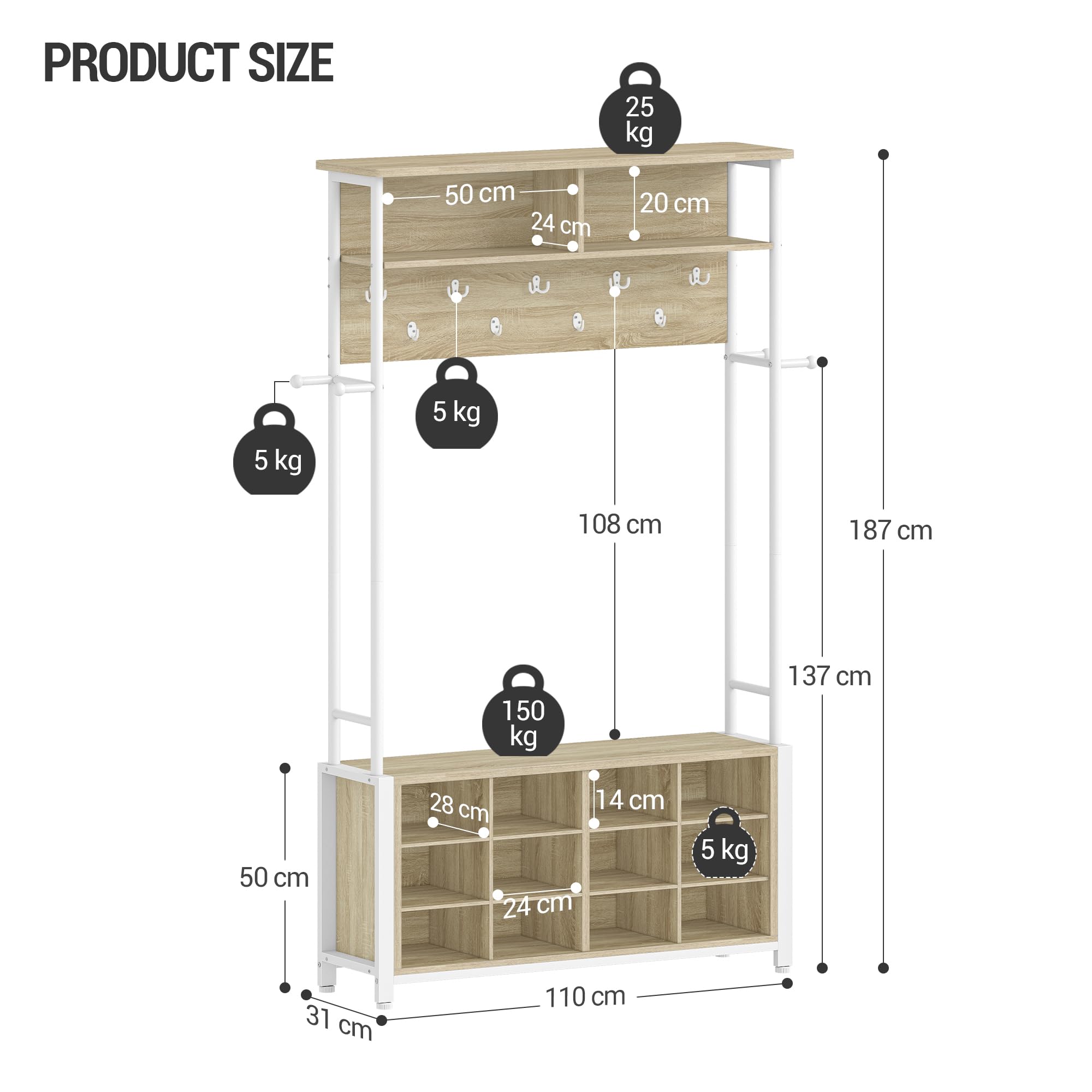 Hzuaneri Appendiabiti Ingresso con Panca Scarpiera, 12 Scomparti per Scarpe, 13 Ganci Attaccapanni, 32 x 106 x 185 cm, Industriale, per Corridoio, Ingressom, Greige HT17916W
