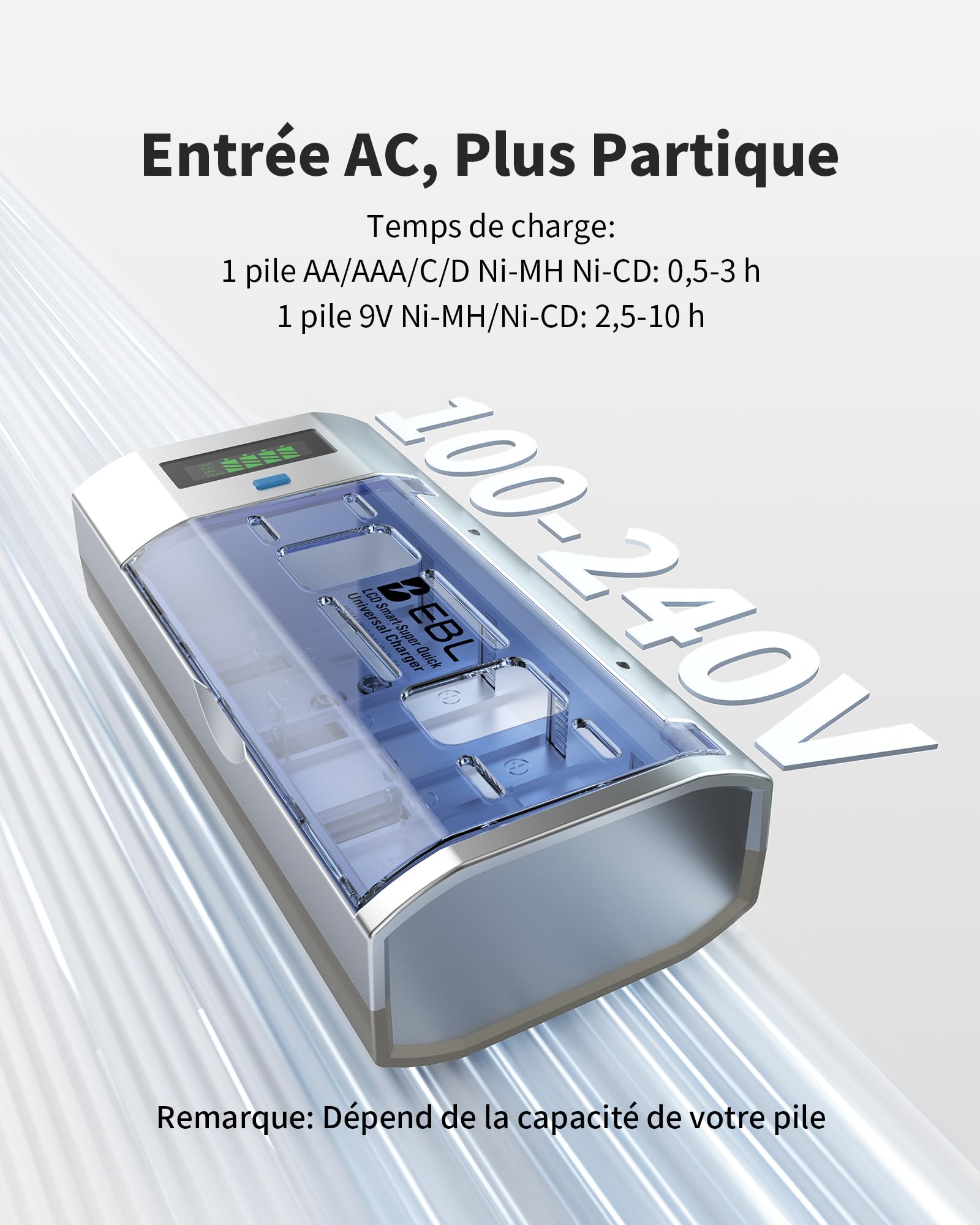 EBL Universel Chargeur de Piles, pour AA/AAA/C/D/9V Piles Rechargeables | 4+2 Slots, Écran LCD, pour AA/HR6, AAA/HR03, C/HR14, D/HR20 et 9V Ni-MH Ni-CD, avec Fonction de Décharge