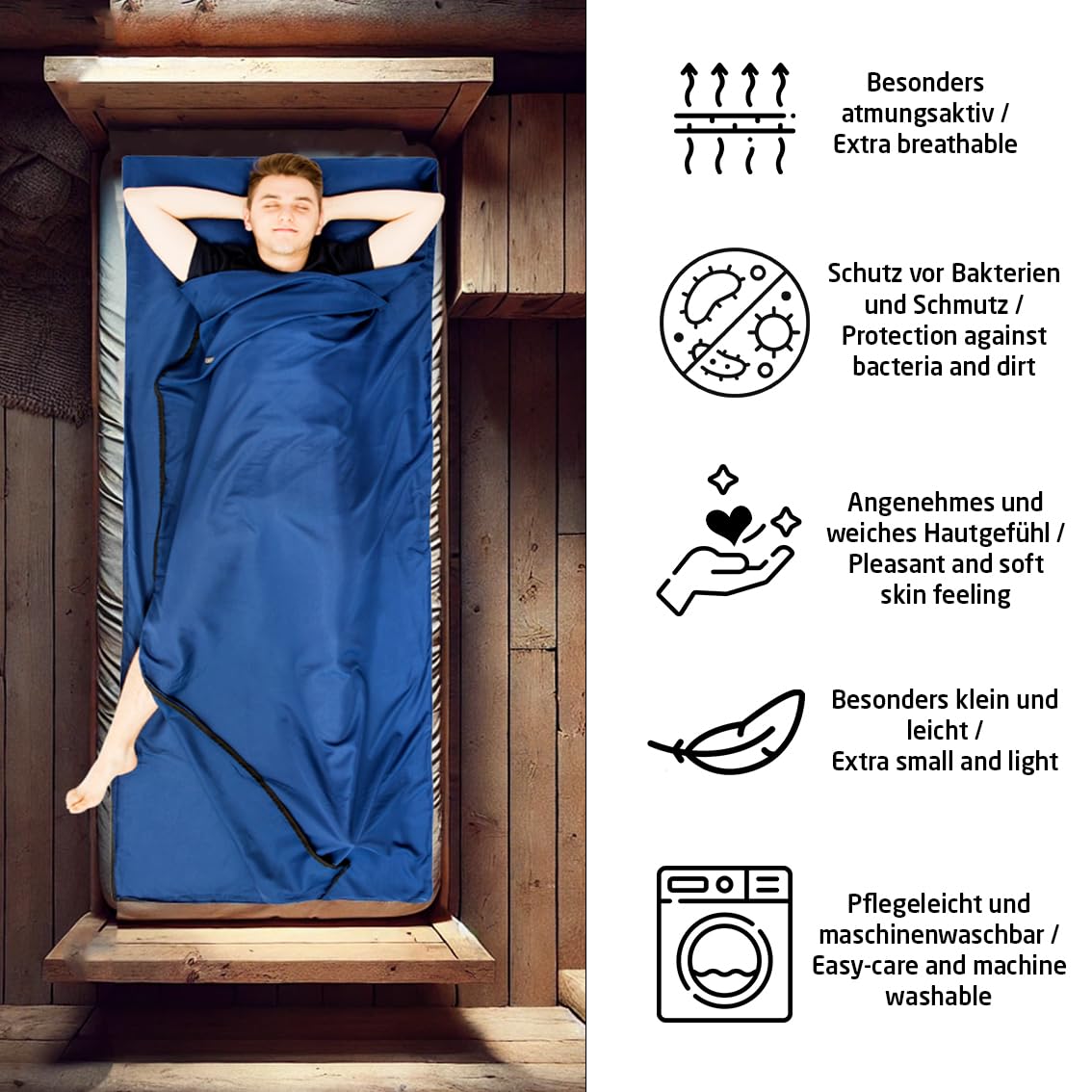 MIQIO® 2in1 Hüttenschlafsack Ultra leicht mit Reißverschluss (Links oder rechts): Dünner Komfort Reiseschlafsack und XL Reisedecke in Einem - Sommer Schlafsack Innenschlafsack