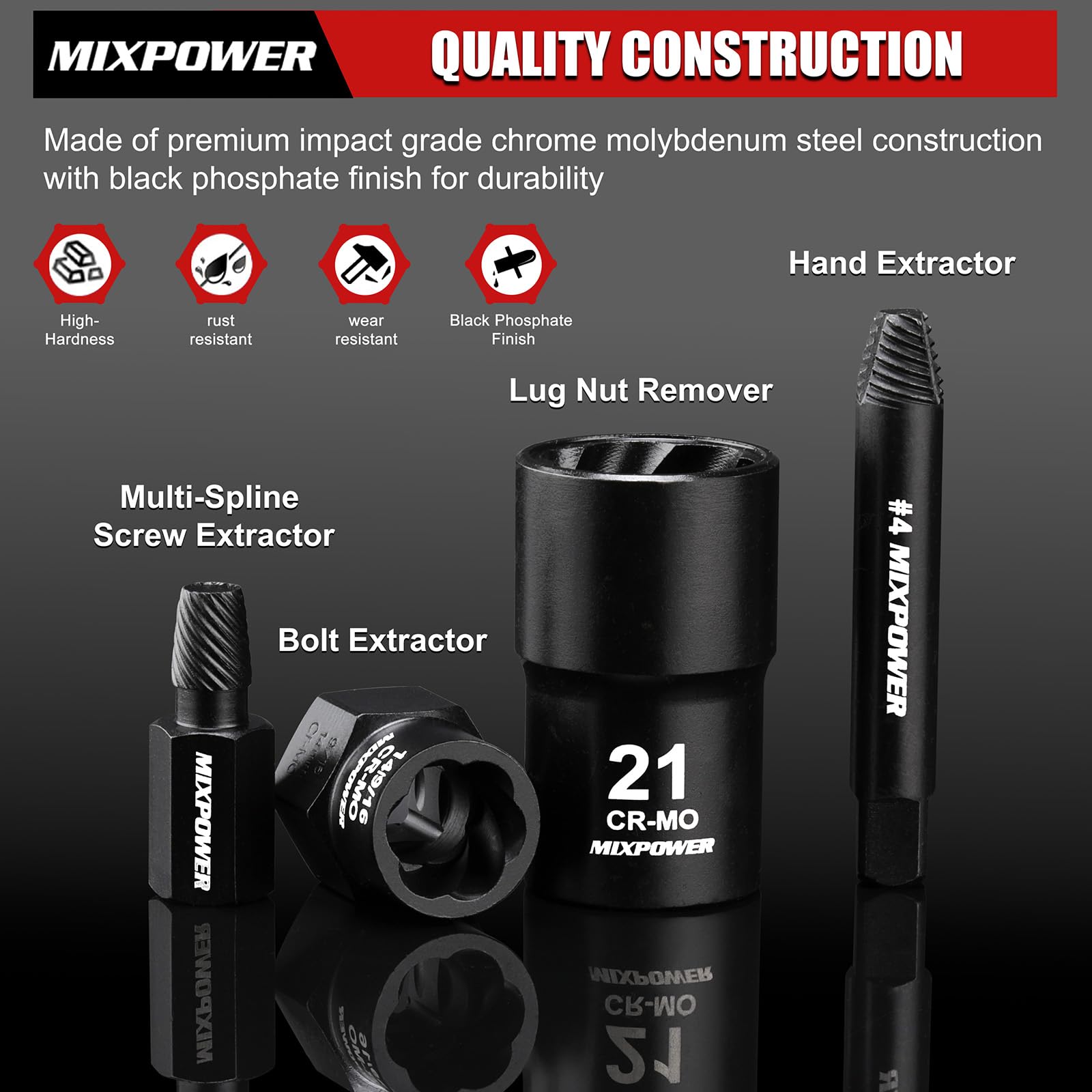 MIXPOWER Set di 46 estrattori per bulloni a percussione, kit di attrezzi per la rimozione di bulloni e dadi, estrattore di bulloni spogliati per viti e bulloni danneggiati