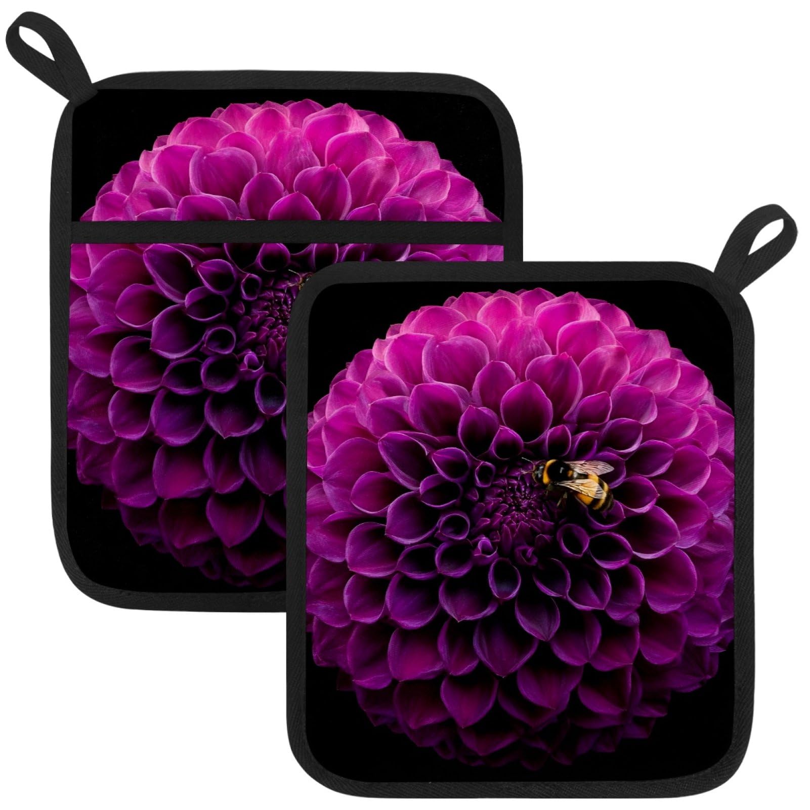 VAPOKF Purple Dahlia Pot Holders with Pocket for Kitchen Heat Resistant Potholders Large Polyester-Cotton Square Oven Mitts Set