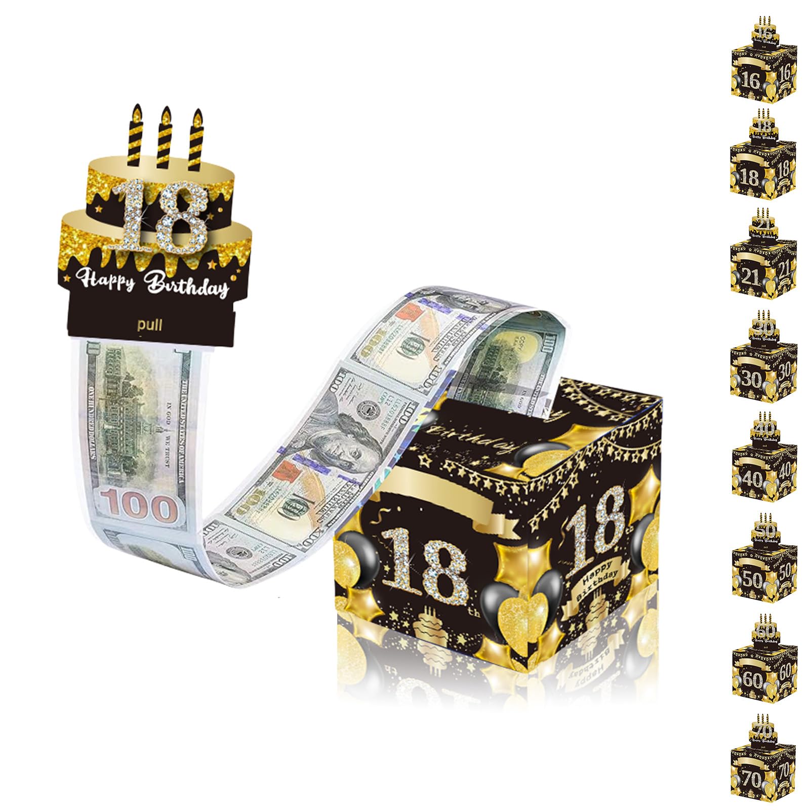 Black Gold Happy 18th Birthday Money Box, Pull Surprise Money Gift Box for Boys & Girls, 18 Years Old Birthday Present