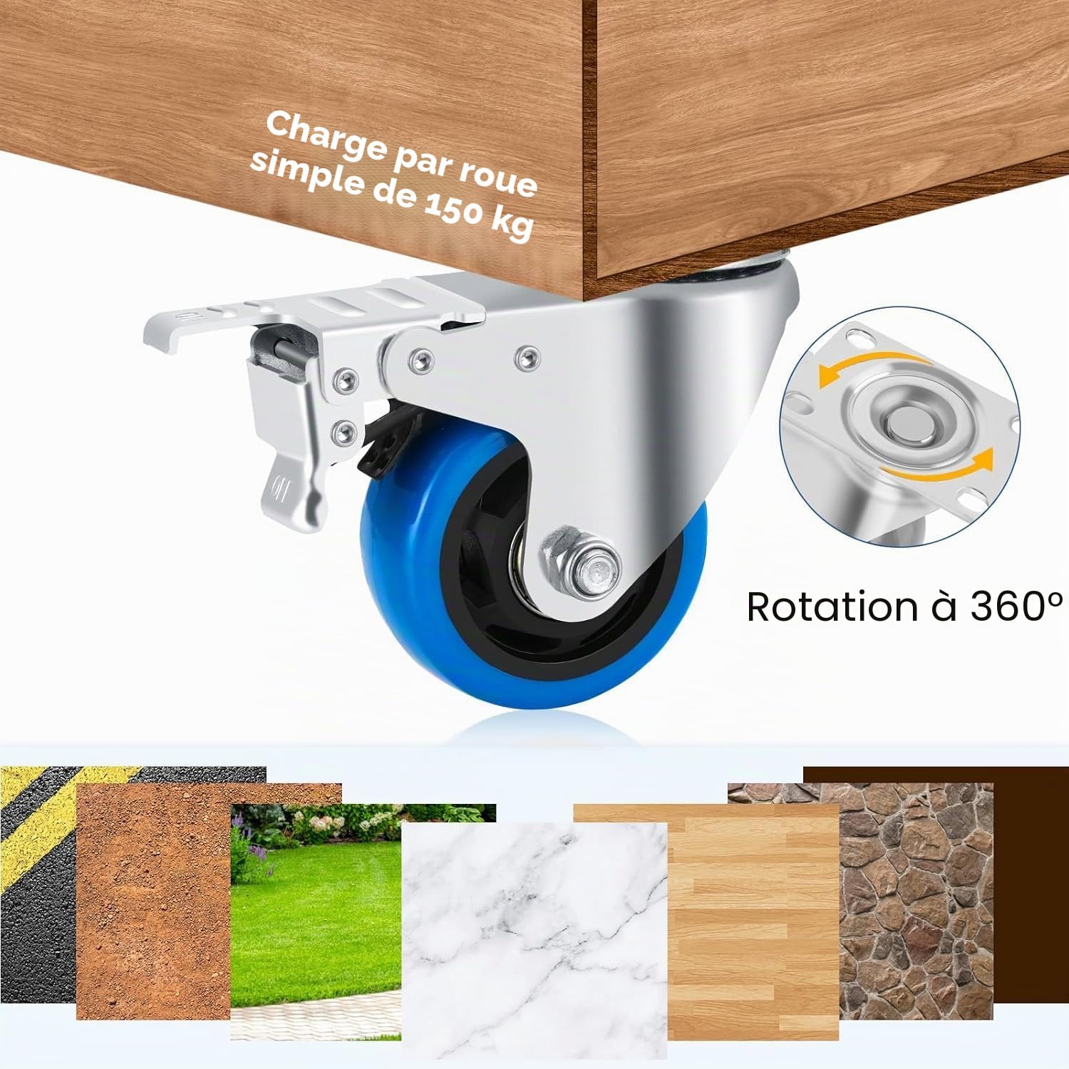 Roulettes Pivotantes 125 mm avec 4 Freins, Pack de 4 Charge Lourde 600kg