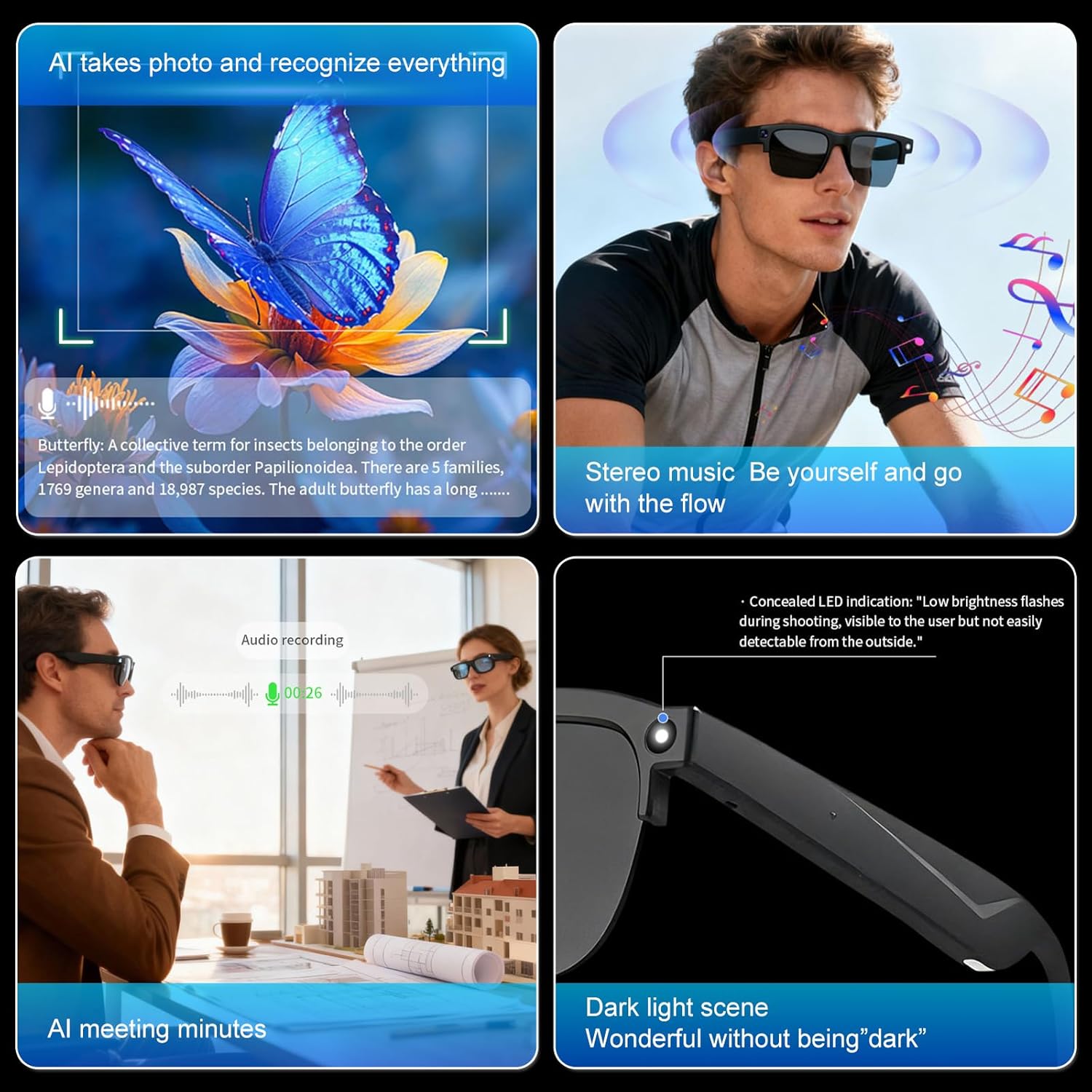 AI Smart Glasses with HD Camera, Video Recording, AI Voice Assistant, Real-time Translation, Hands-Free Calls, Music Playback, Sunglasses for Men and Women