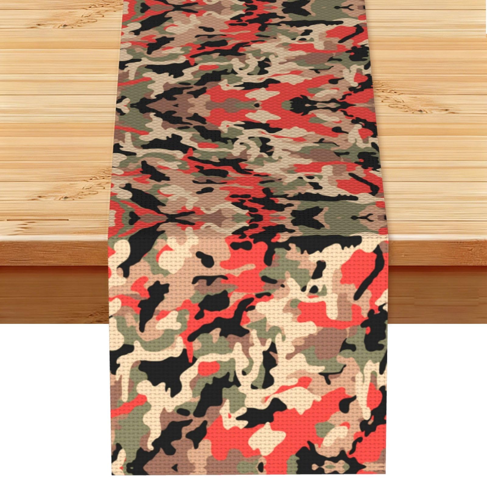 Vibrant Red Beige Camo Printed Table Runner 13 x 72, Wrinkle Resistant Decor for Dining Table Coffee Table Fireplace
