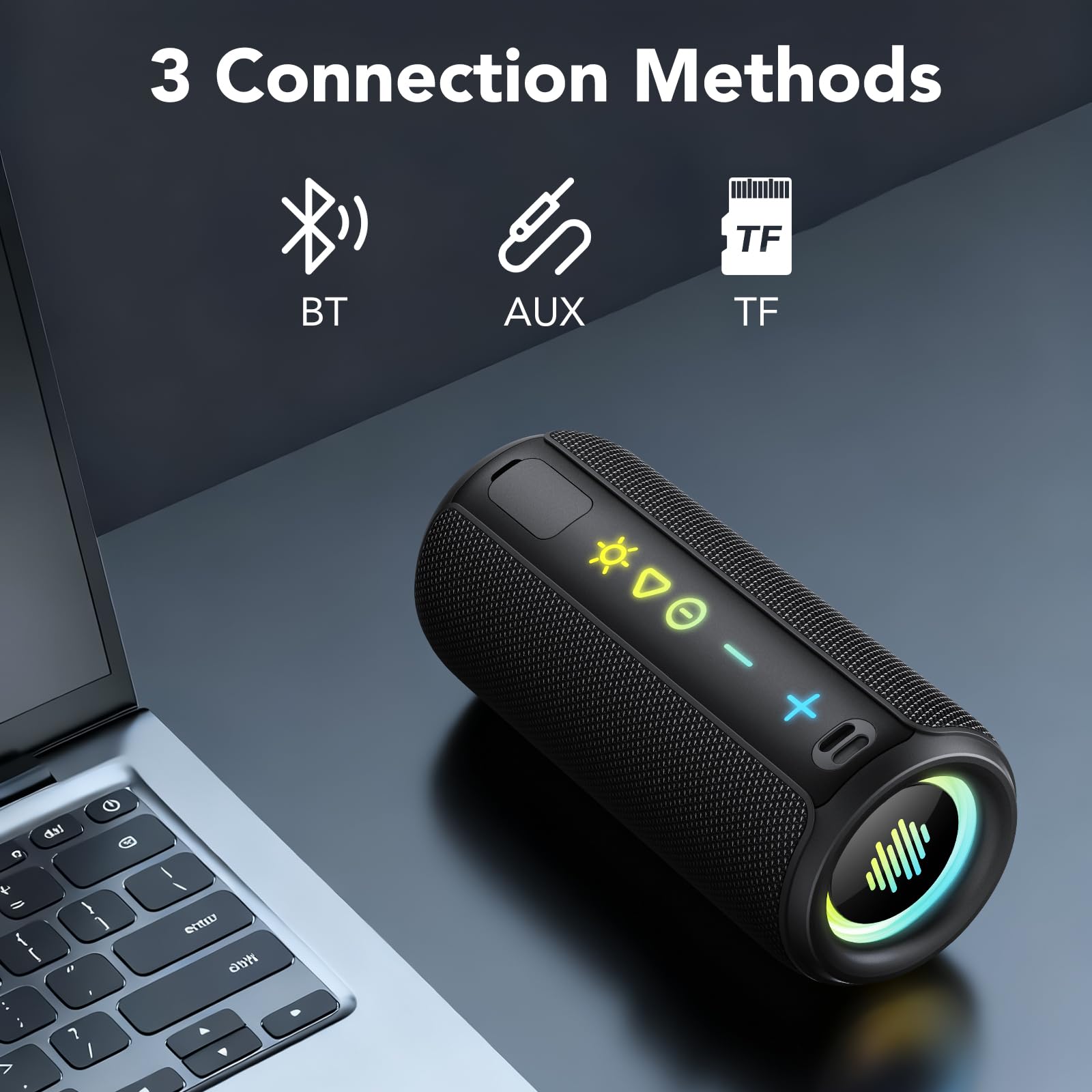 TIMU Altavoz Bluetooth 5.4 Portátil, 25 W con Graves Profundos | 8 Modos RGB, 24H de Reproducción, 2 EQ Modes, TWS, IPX7, Compatible con Micro SD y AUX, Tamaño Compacto Tipo Móvil