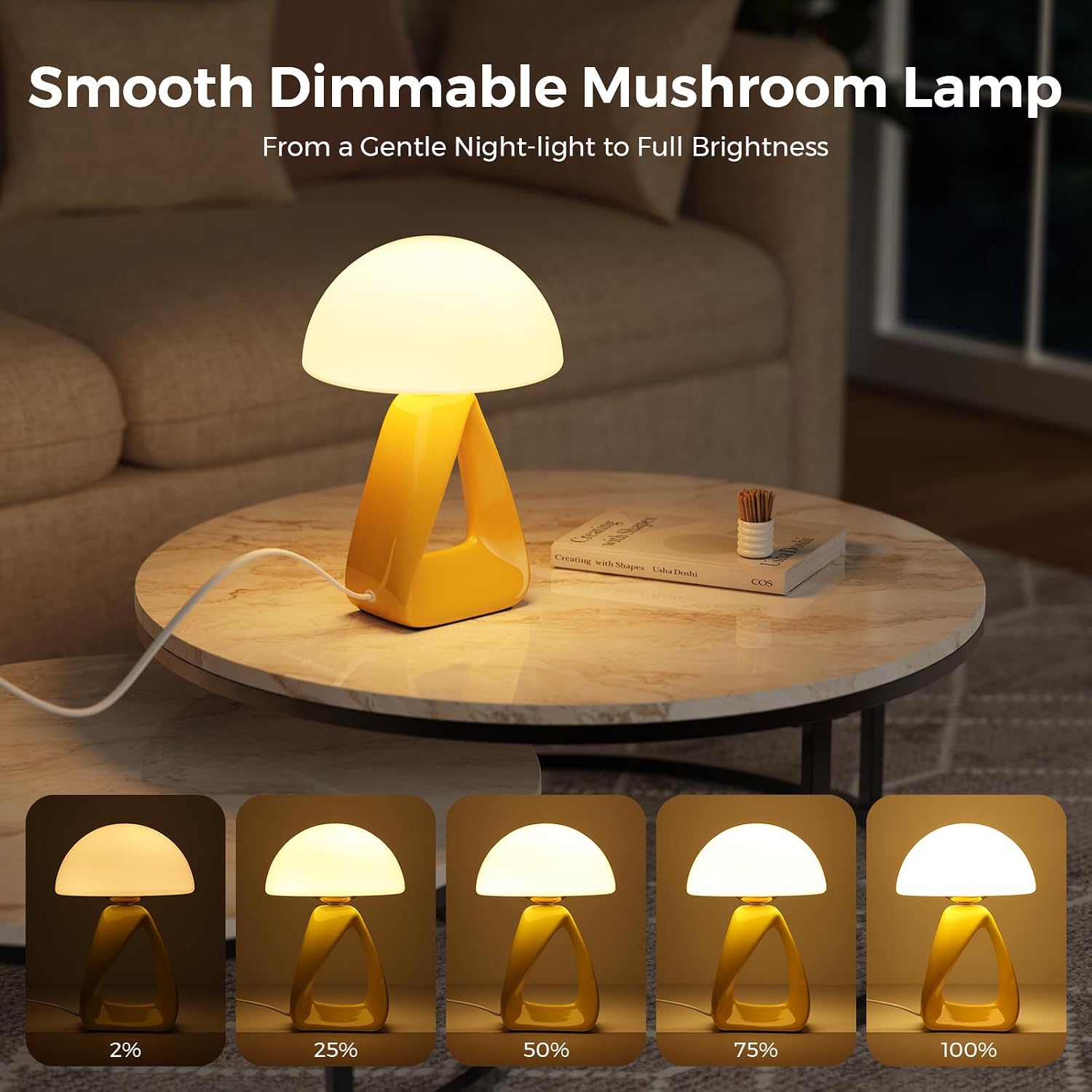 Mushroom Lamp, Small Table Lamp for Bedroom, Creative Geometric Ceramic Base Bedside Lamp, Mid Century Modern Side Table Lamp for Living Room Nightstand, Unique Aesthetic Home Decor Gift Ideas, Yellow
