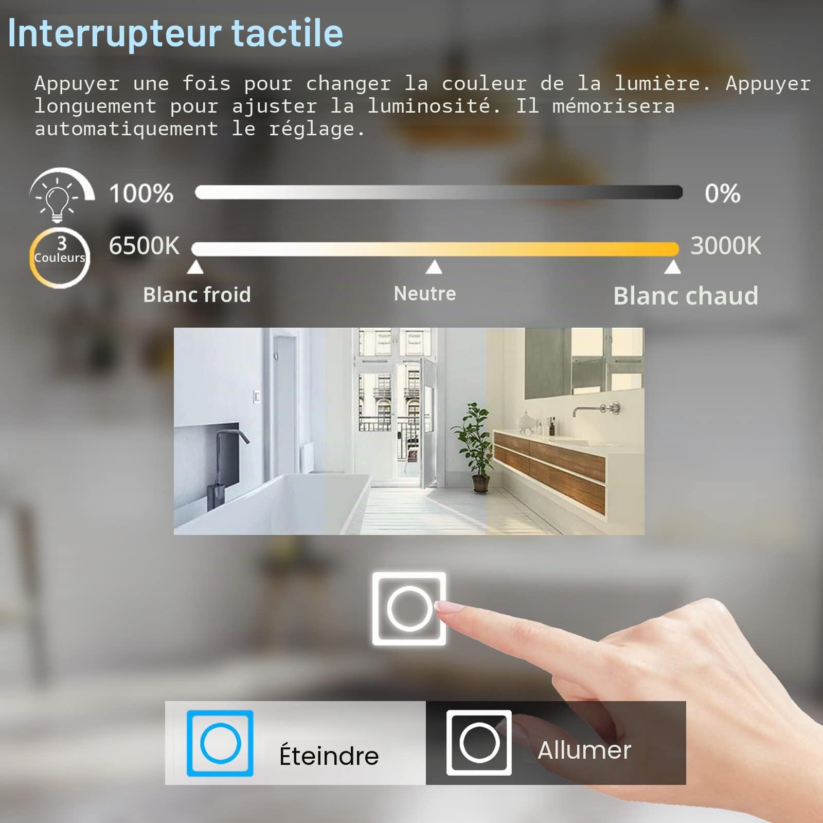 MIQU Miroir de Salle Bain Bluetooth avec éclairage 120 x 80 cm Grand Miroir Mural LED avec Prise de Courant, Dimmable en 3 Couleurs, Grossissant 3X, Horloge, Anti-buée, Interrupteur Tactile