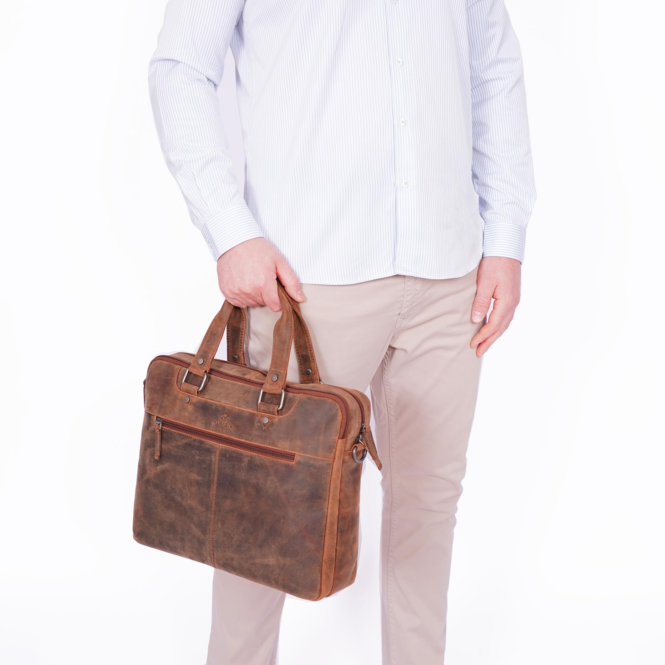 ALMADIH Luca - Maletín de piel para ordenador portátil, piel de vacuno premium, bolso de negocios, bolso de hombro, bolso de mano, bolso de mano, bolso de mano, bolso de mano